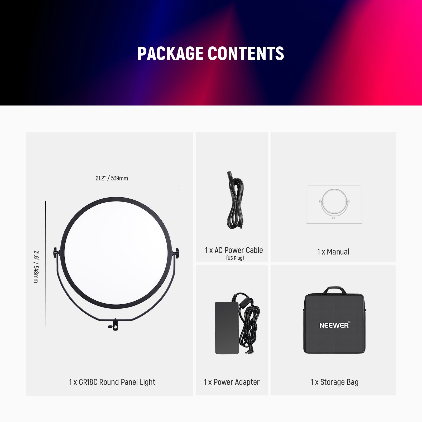 Package Contents of the NEEWER GR18C Round LED Panel Light
