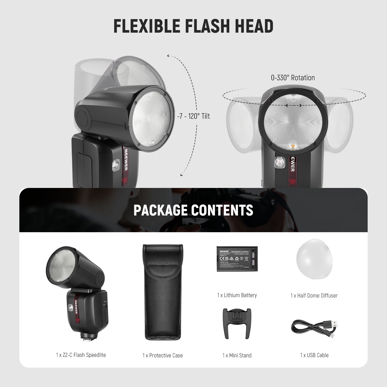 Package Contents of the NEEWER Z2 TTL Round Head Flash Speedlite with Diffuser