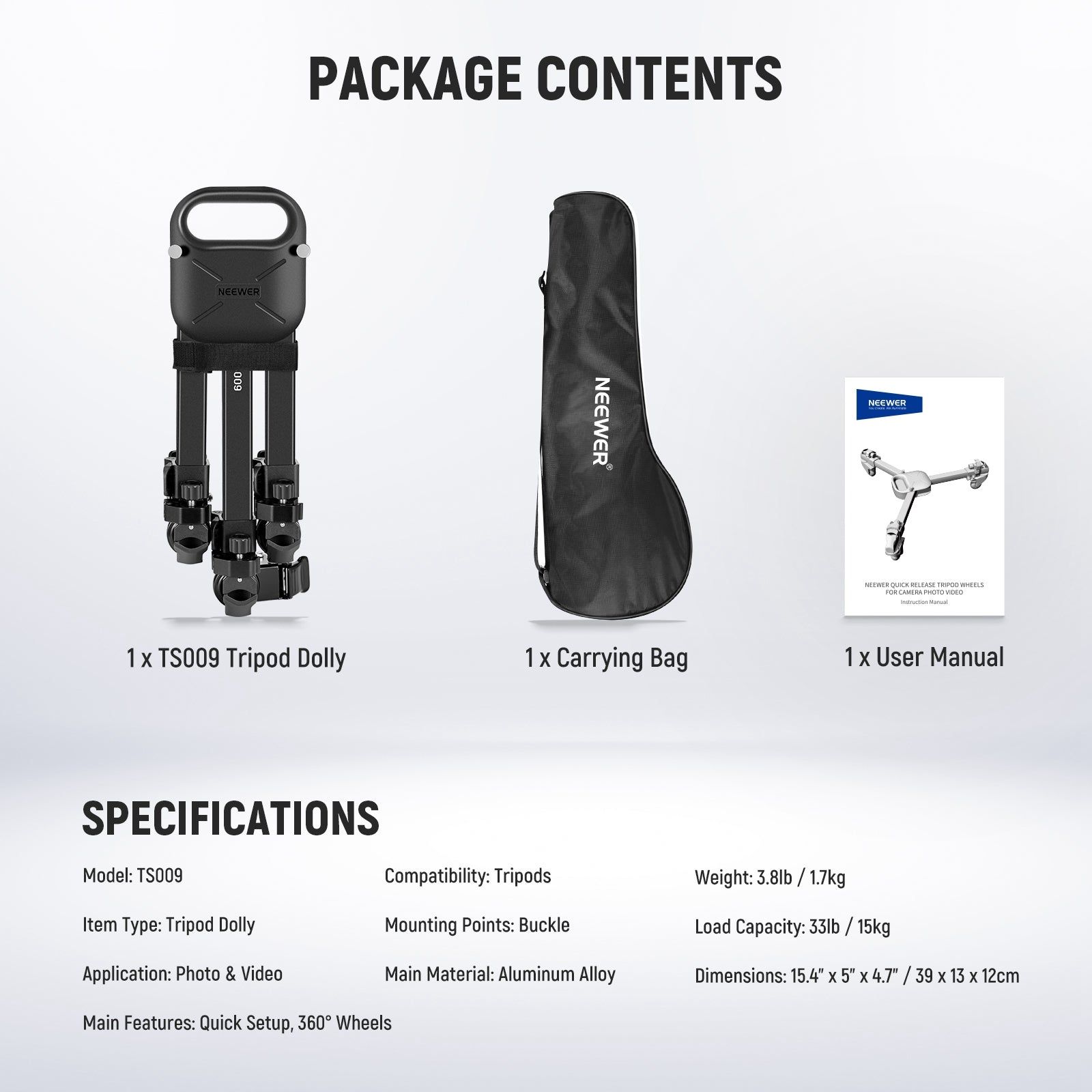 Package Contents of the NEEWER TS009 Quick Lock Release Photography Tripod Dolly
