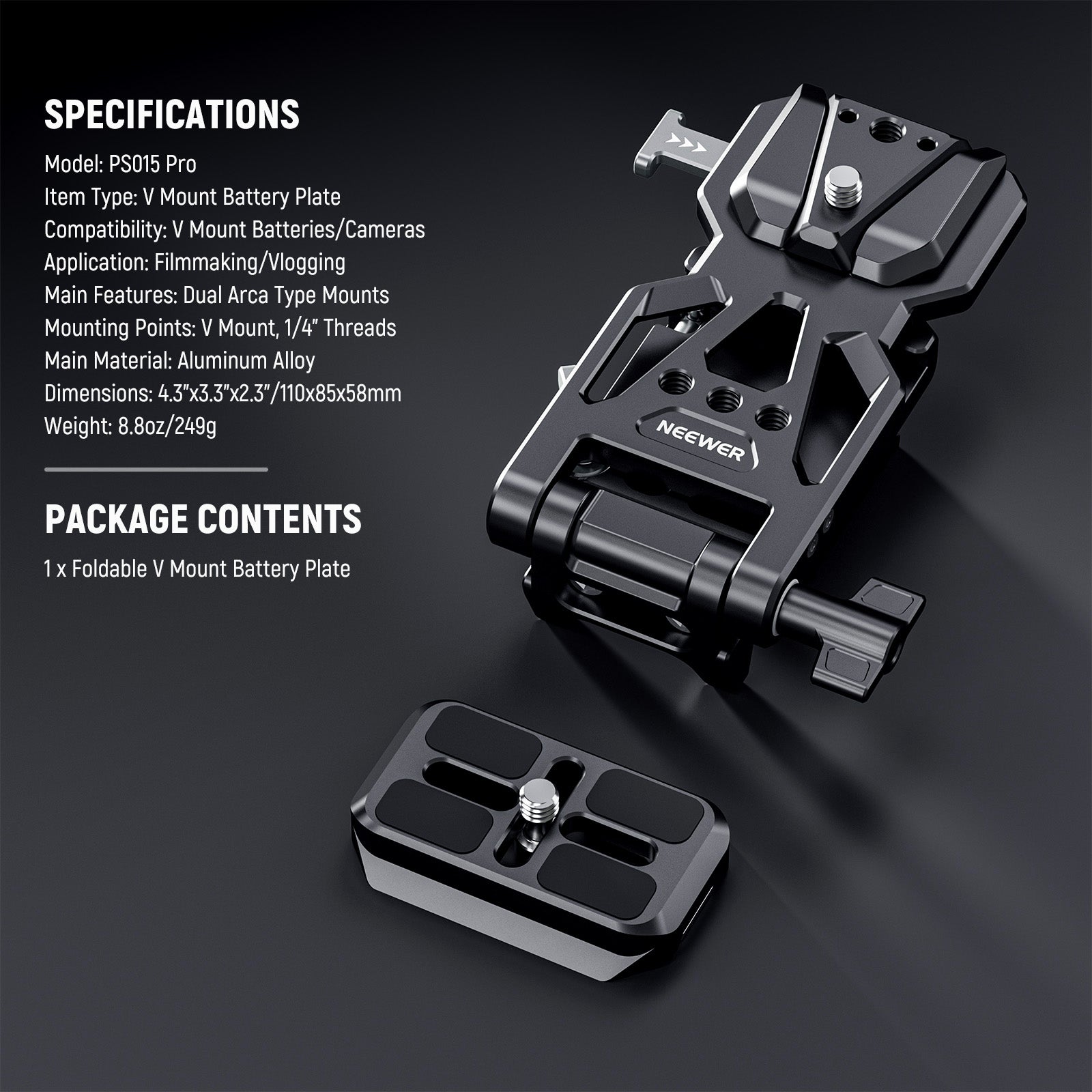 Specifications of the NEEWER PS015 Pro Foldable V Mount Battery Plate