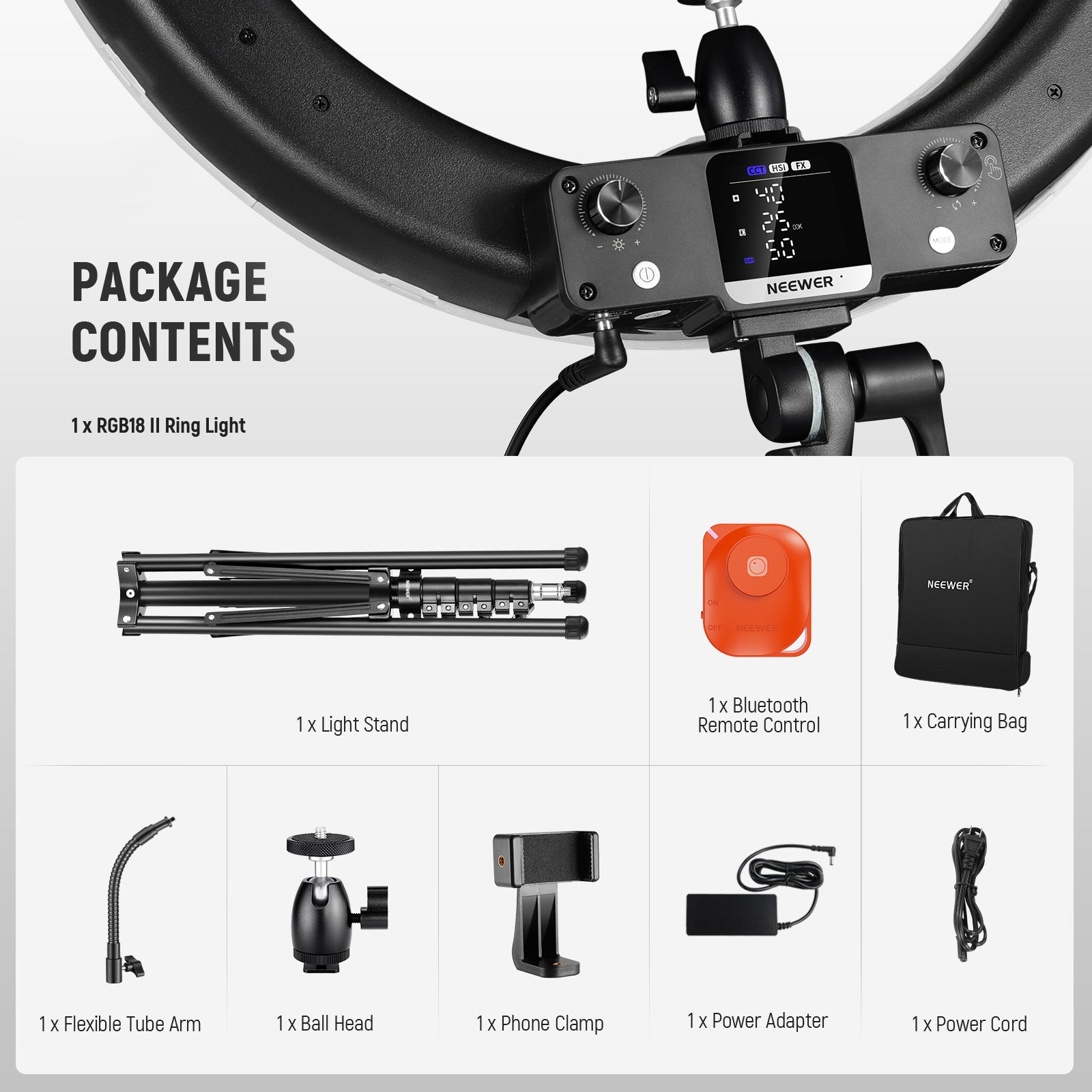 Package Contents of the NEEWER RGB18 II 18 Inch RGB LED Ring Light