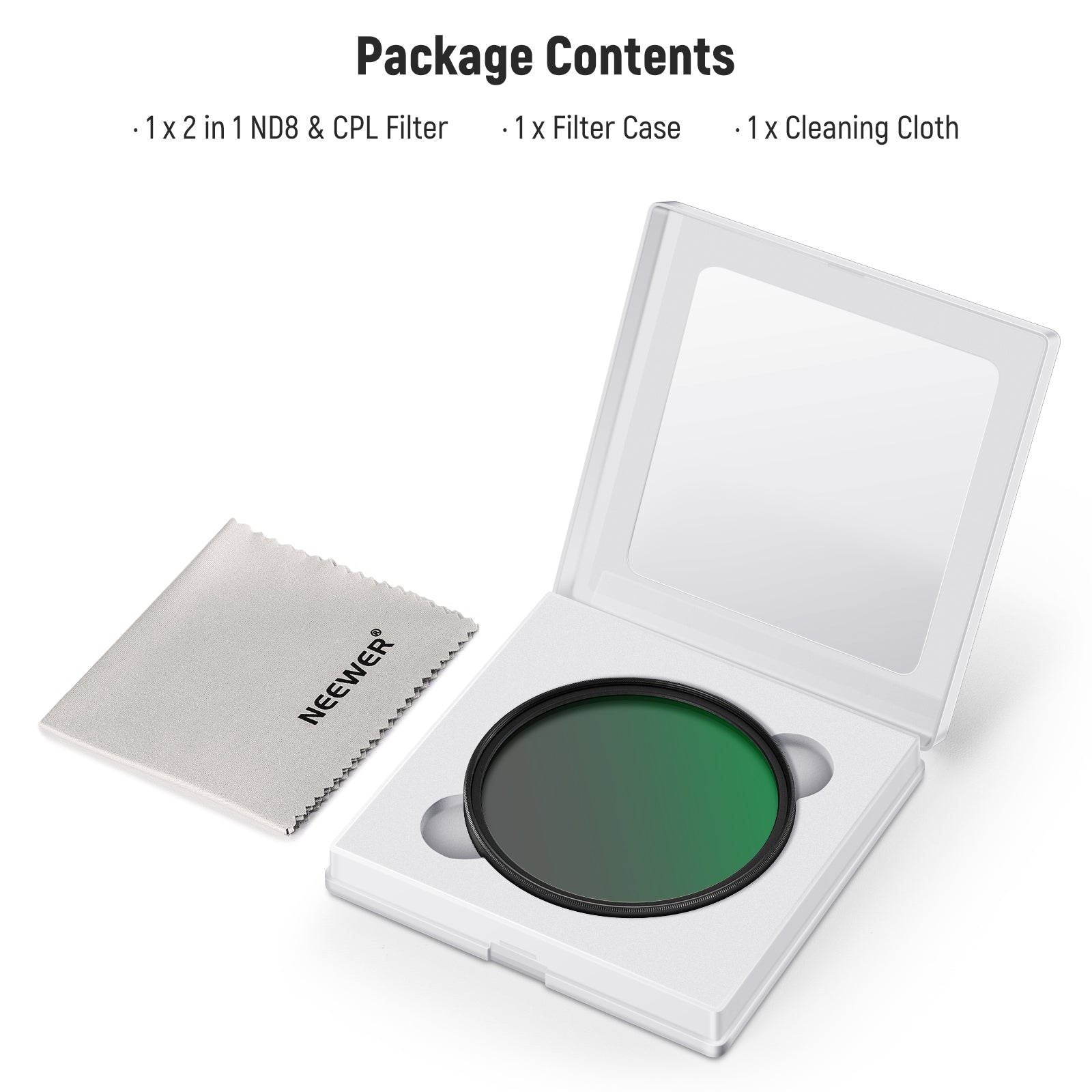 Package Contents of the NEEWER 2-in-1 True Colors HD ND8 & CPL Lens Filter