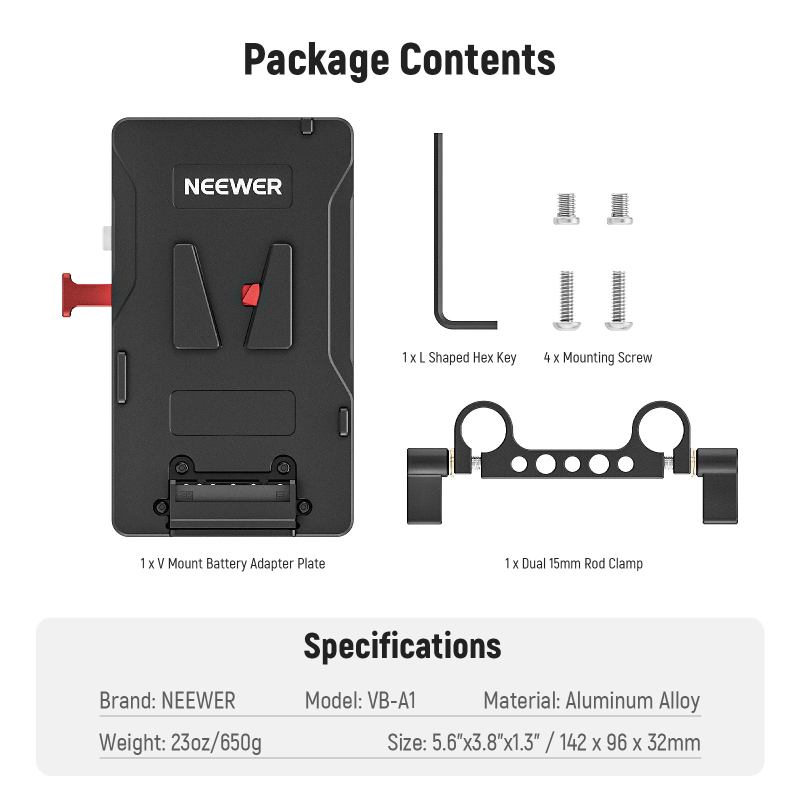 Package Contents of the NEEWER VB-A1 V Mount Battery Adapter Plate Kit