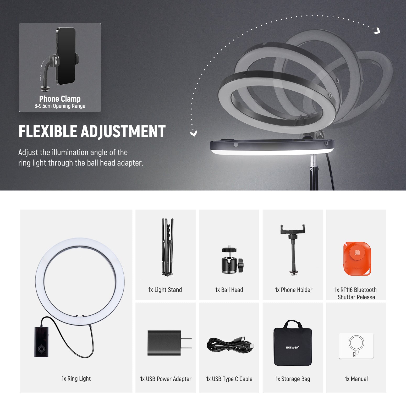 Package Contents of the NEEWER RH12C High Power RGB LED Ring Light Kit(with bag)