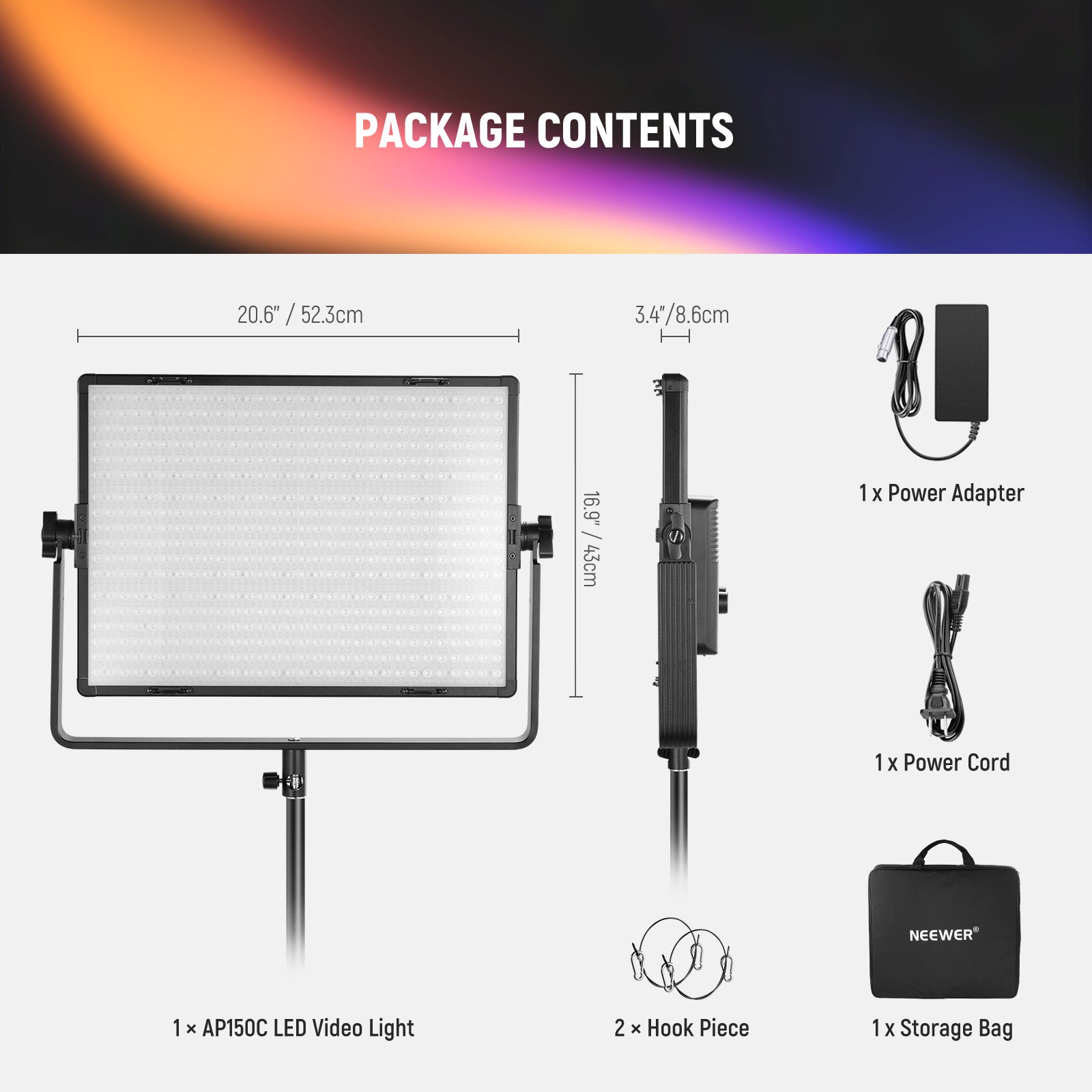 Package Contents of the NEEWER AP150C 150W RGB LED Panel Light Kit