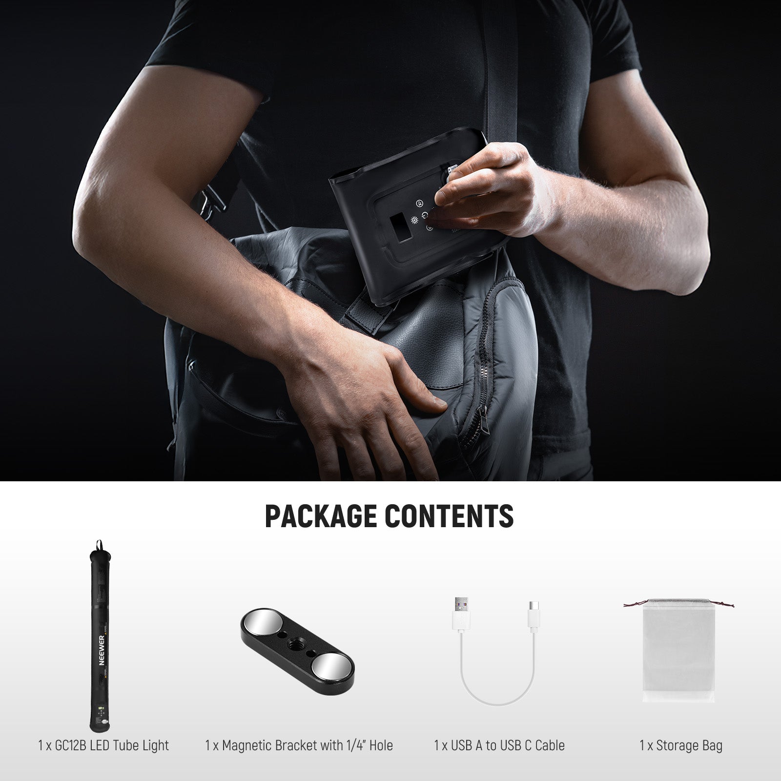 Package Contents of the NEEWER GC21B 21W Bi Color Handheld LED Tube Light