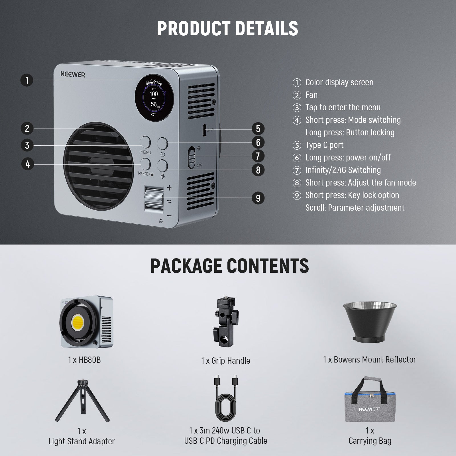 Package Contents of the NEEWER HB80B Bi Color Mini COB LED Light