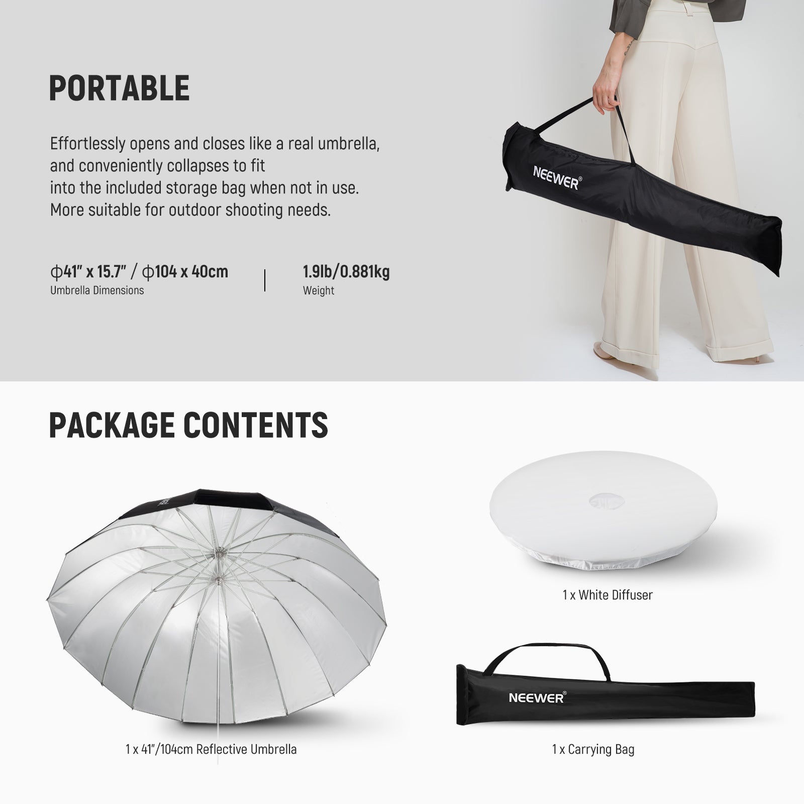 Package Contents of the NEEWER NS1U Photography Umbrella with Diffuser