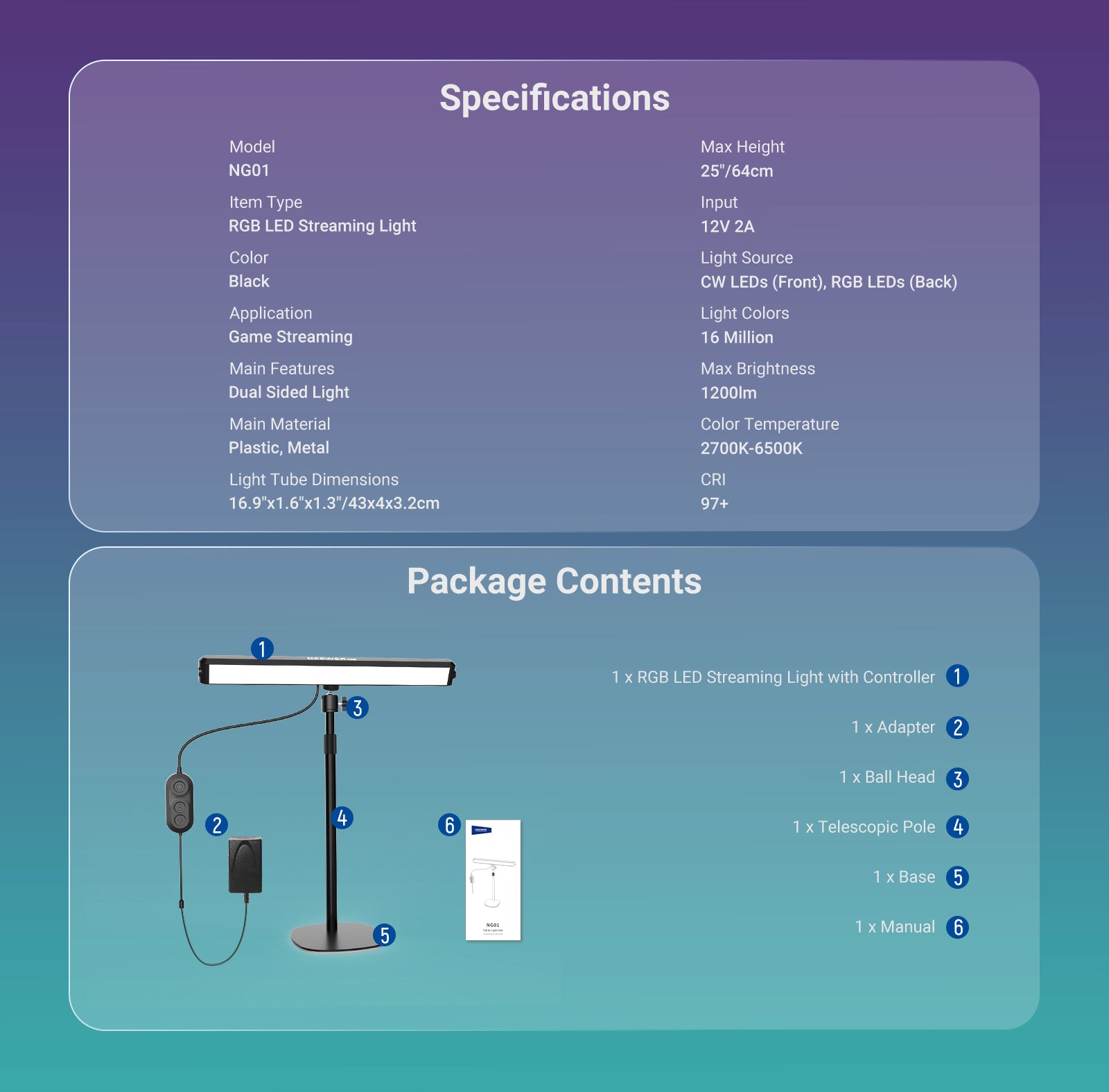 This package includes a RGB LED Streaming Light with Controller,a adapter, a ball head, and more.