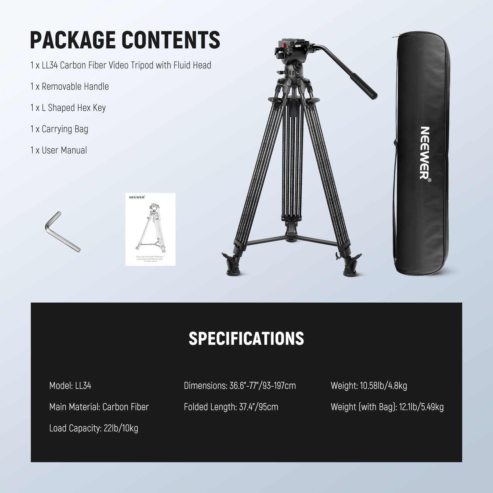 Package Contents of the NEEWER LL34 Carbon Fiber Video Camera Tripod