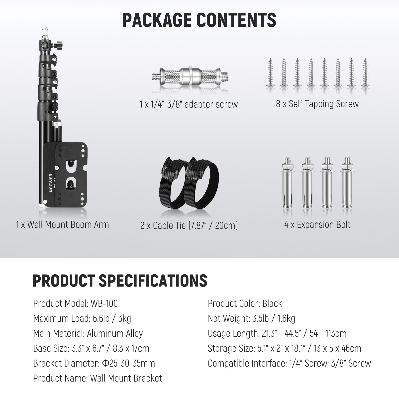 Package Contents of the NEEWER WB-100 116cm Triangle Wall Mounting Boom Arm