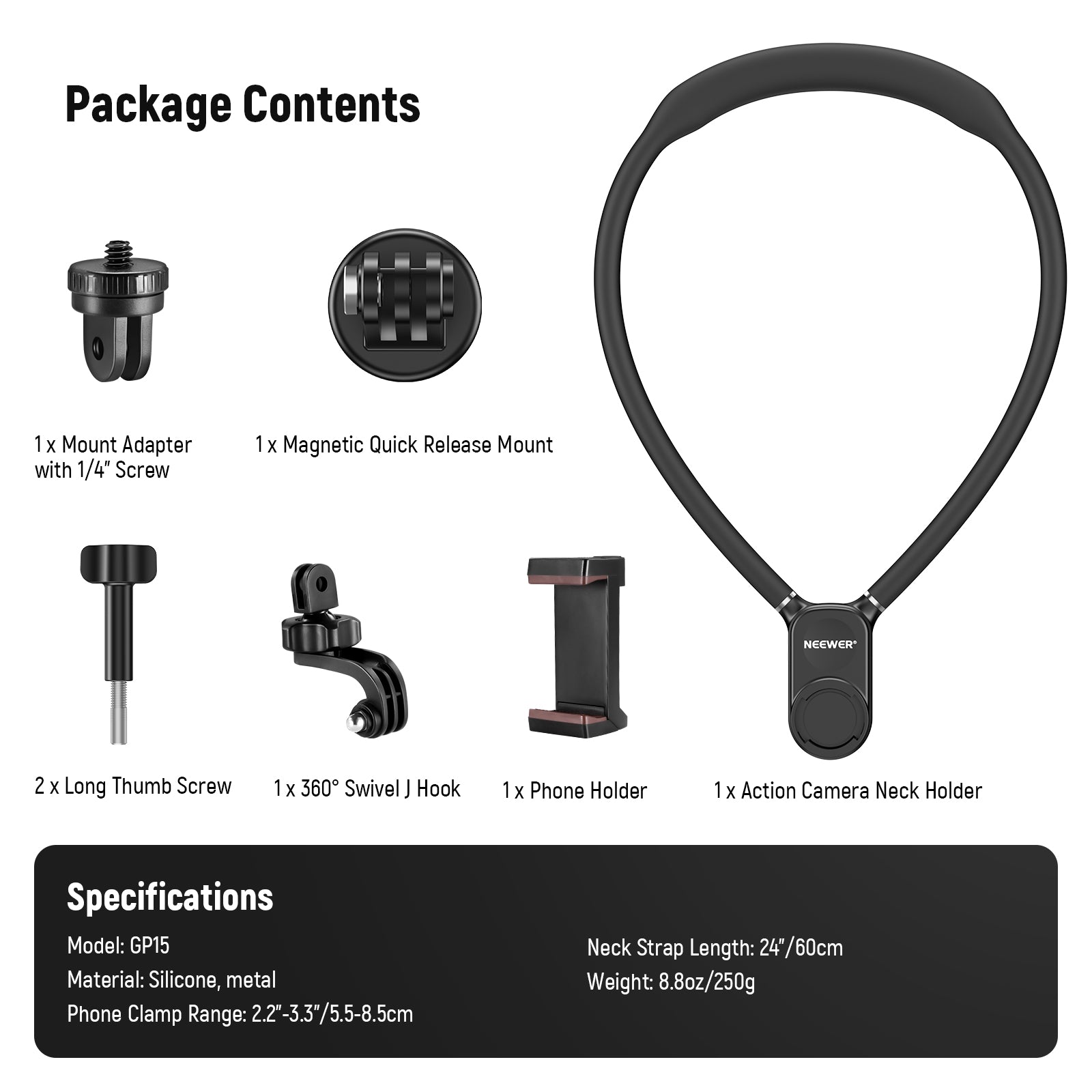 Package Contents of the NEEWER GP15 Neck Mount Holder for Action Camera and Phone