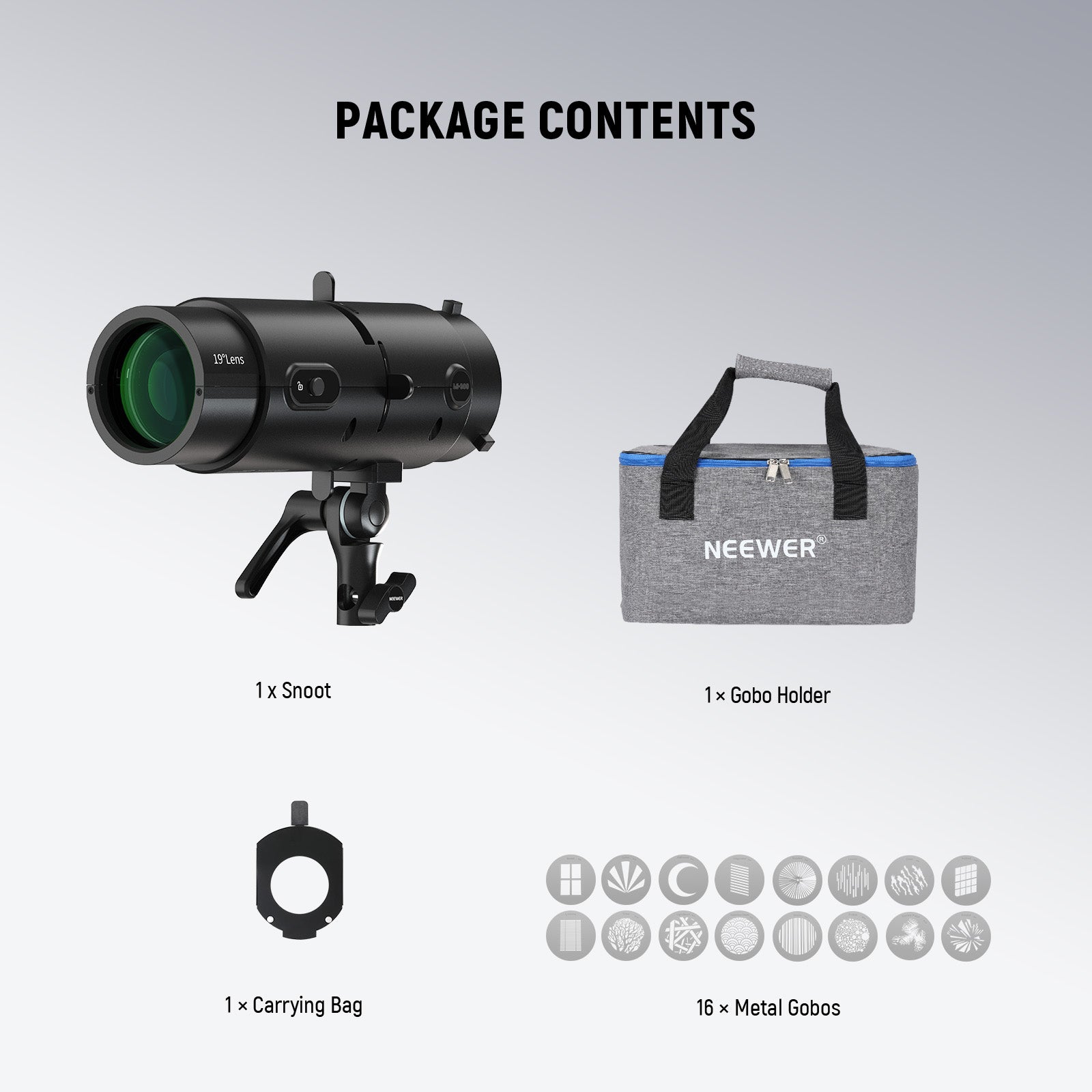 Package Contents of the NEEWER LS-300 19° Spotlight Snoot Kit