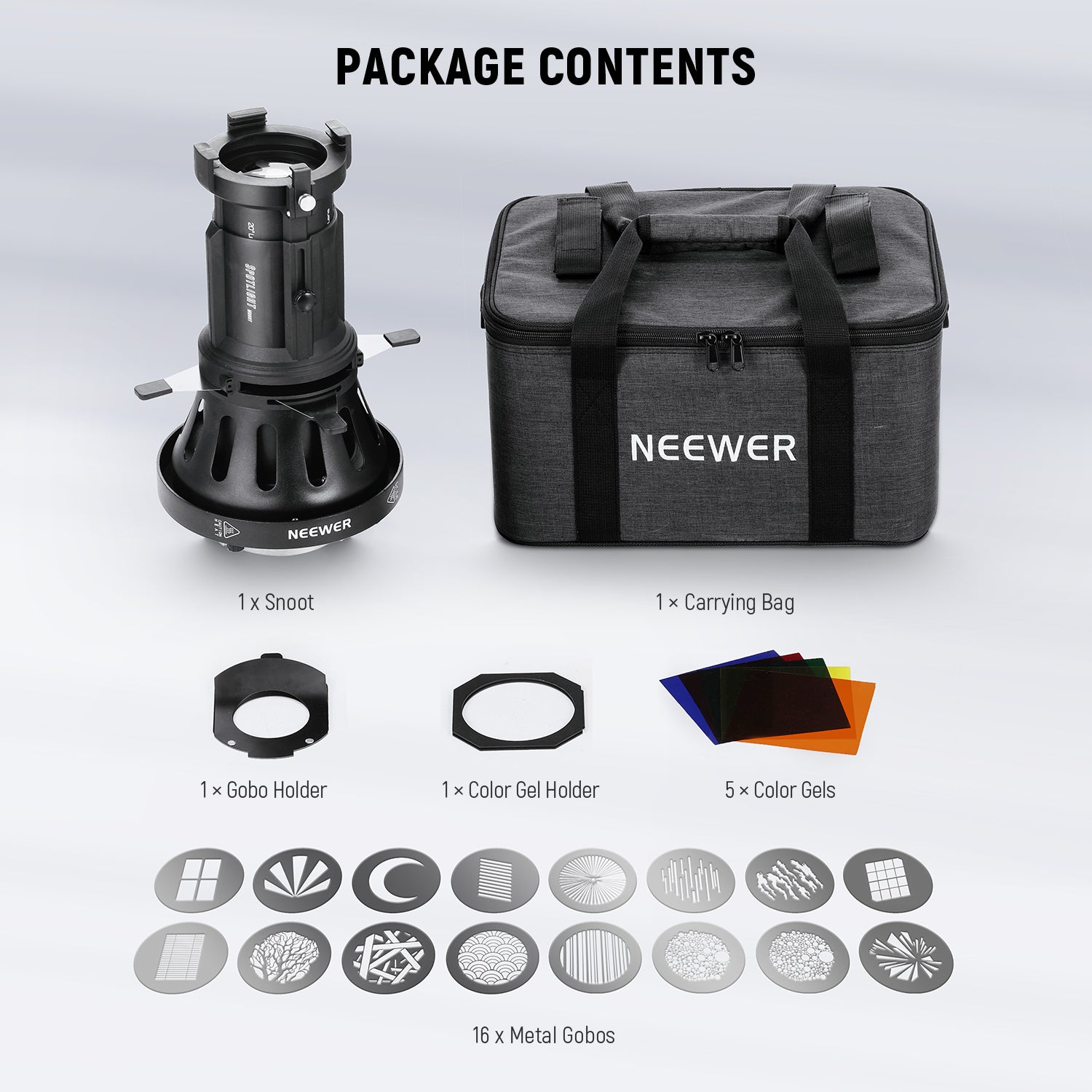 Package Contents of the NEEWER LS-39 conical snoot kit