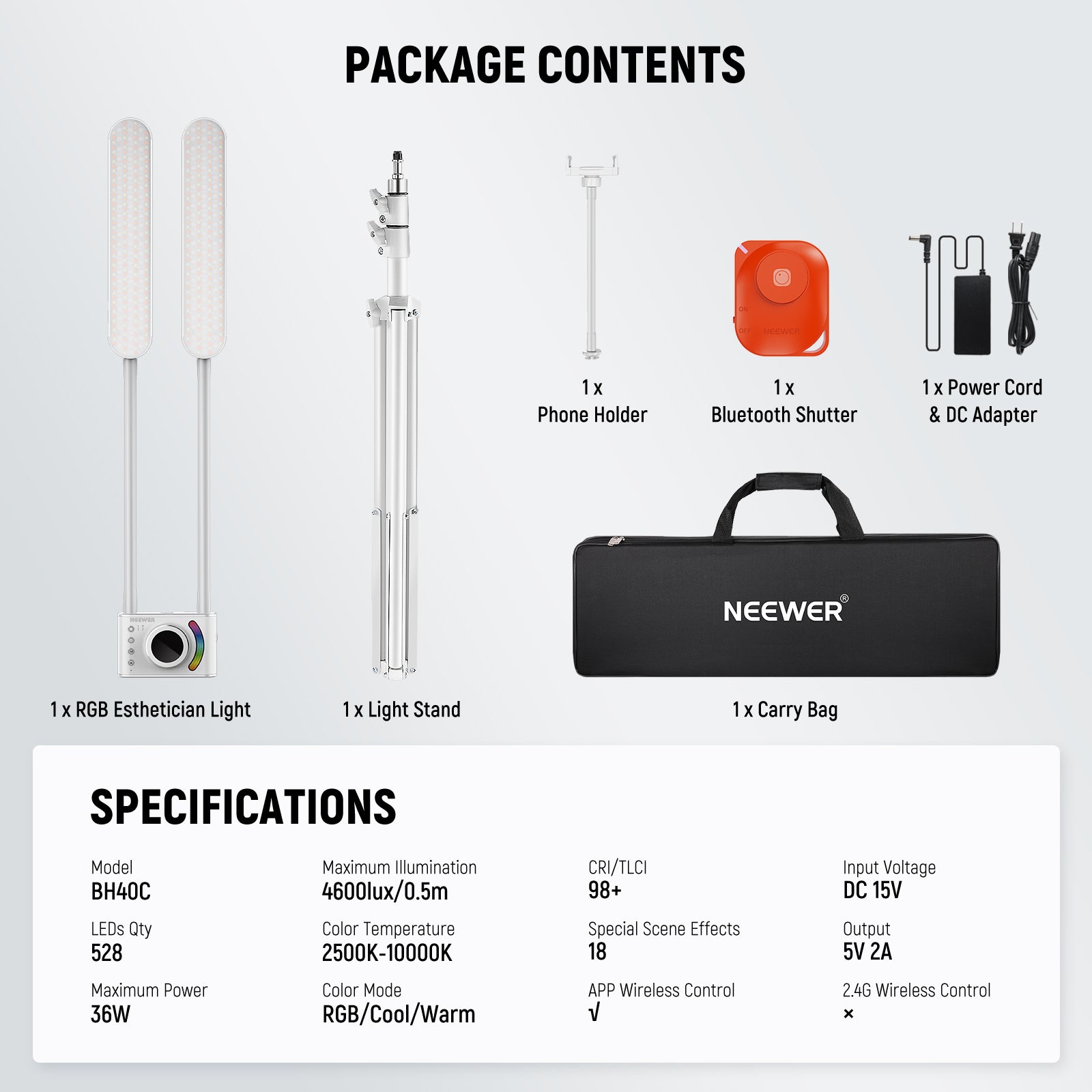 Package Contents of the EEWER BH40C RGB Esthetician Light Kit
