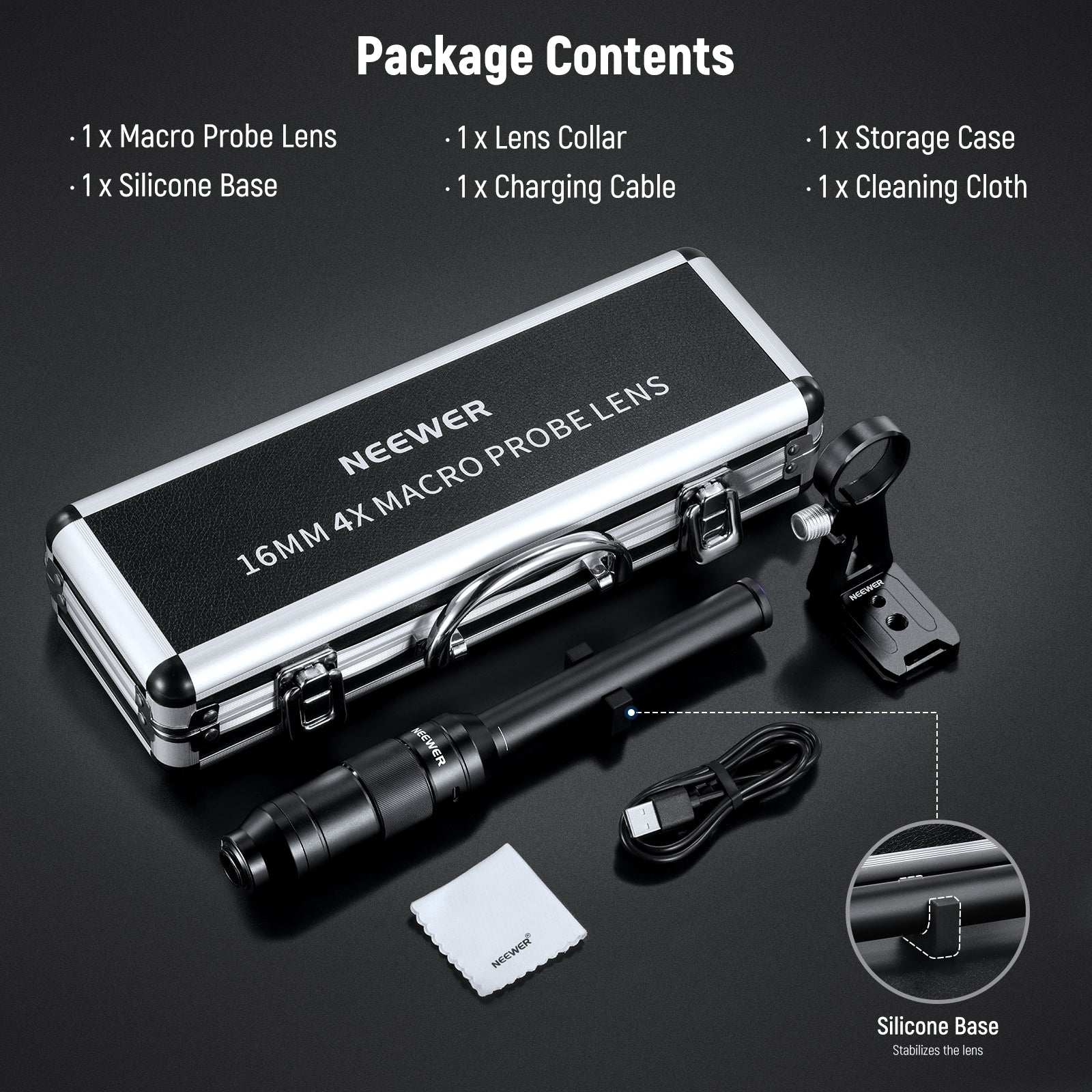 Package Contents of the NEEWER LS-63 4X Macro Probe Lens for Phone