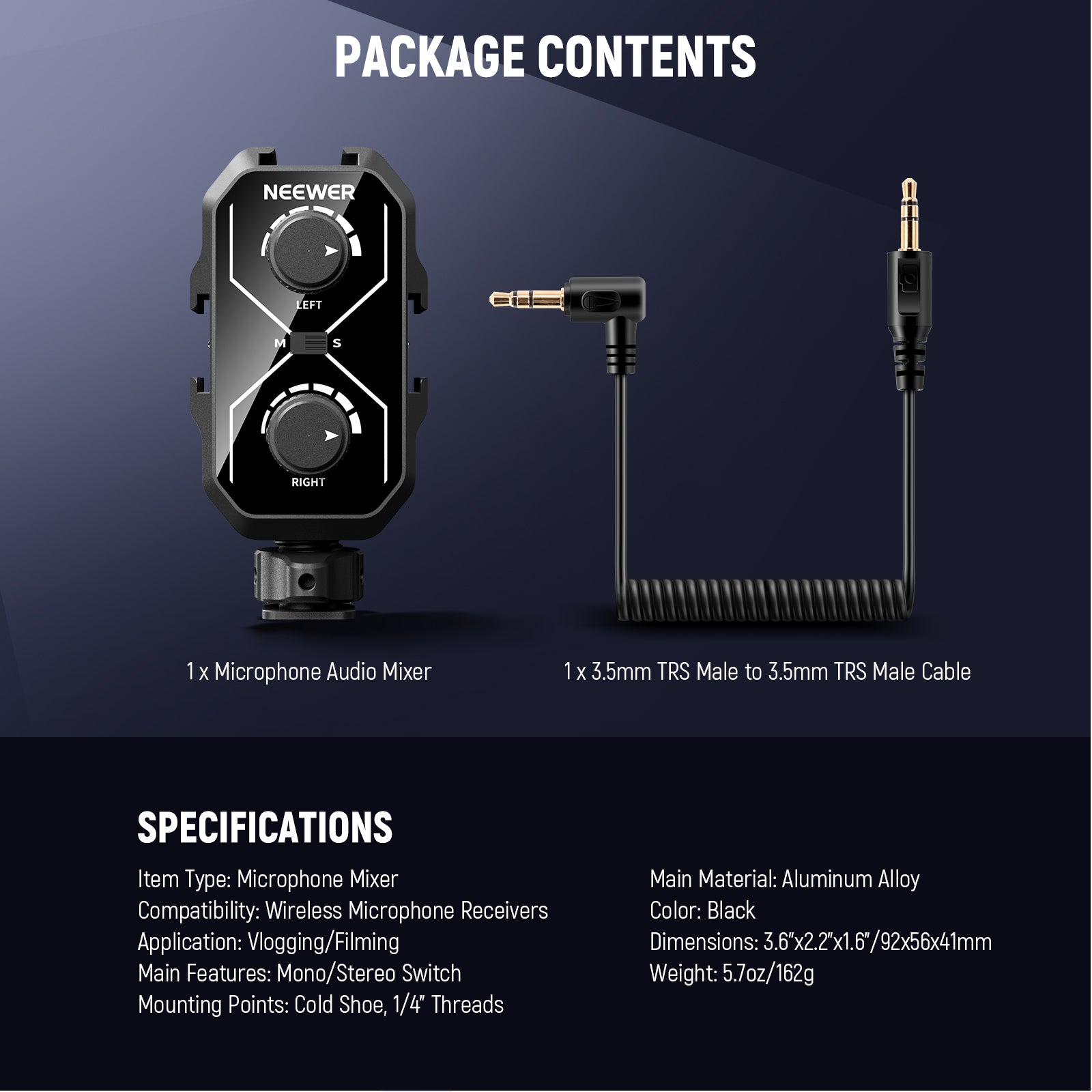 Package Contents of the NEEWER MM01 Dual Channel Microphone Audio Mixer