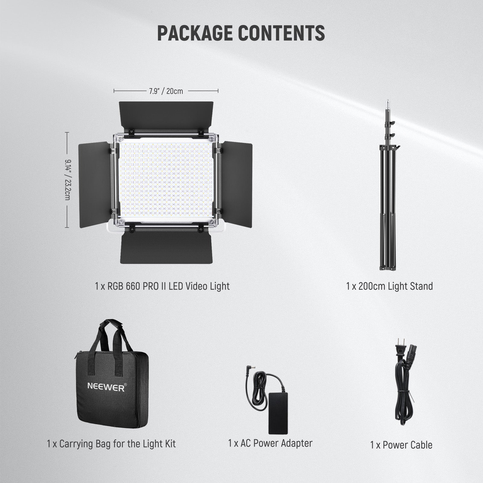 Package Contents of the NEEWER RGB660 Pro APP Control RGB Light(with stand)
