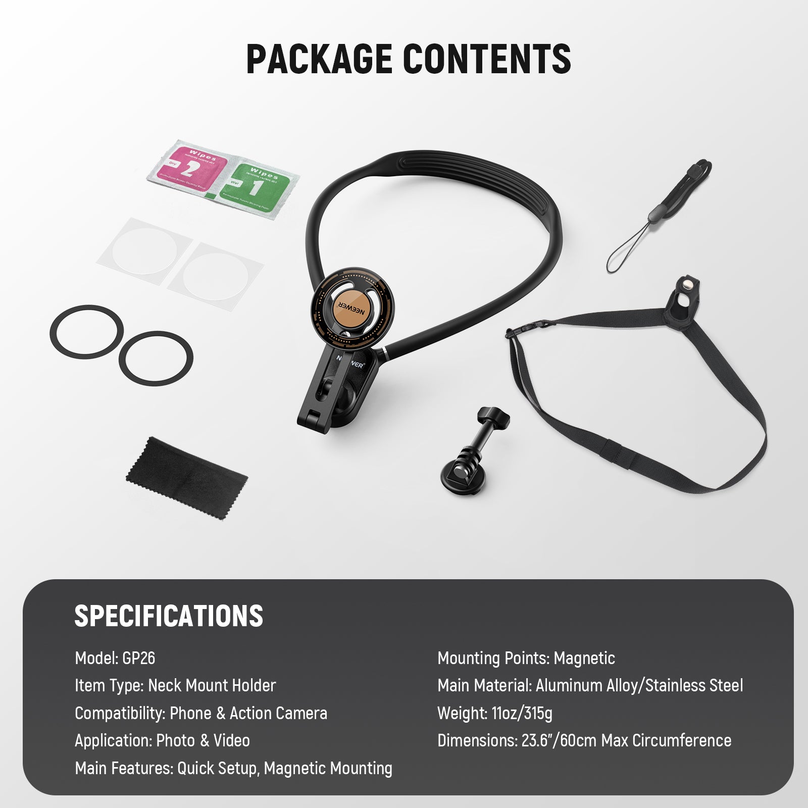 Package Contents of the NEEWER GP26 Phone & Action Camera Neck Holder