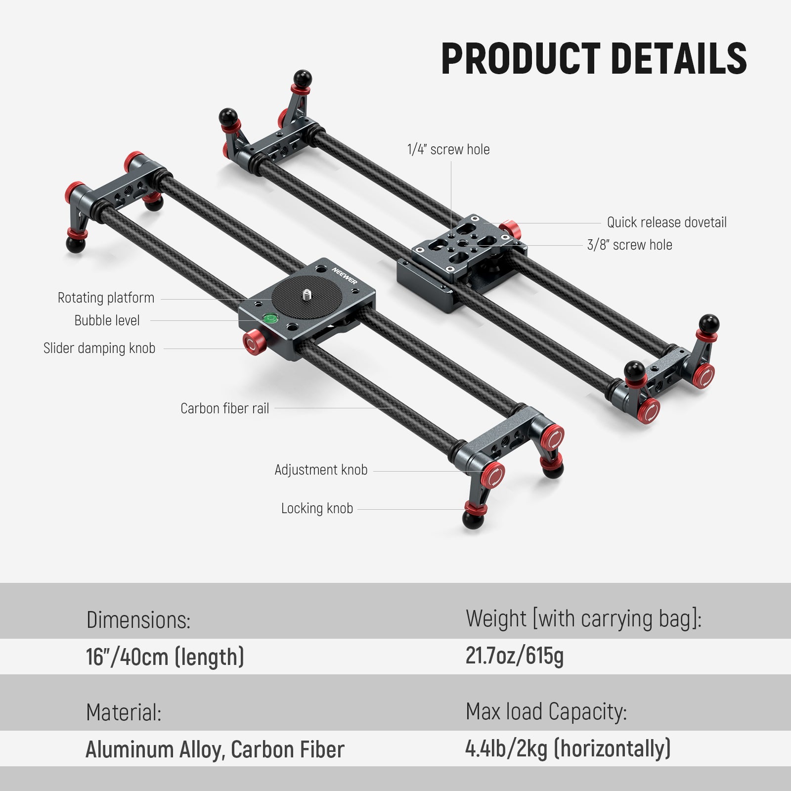Product details of the NEEWER CS1M/CS2M Carbon Fiber Camera Slider