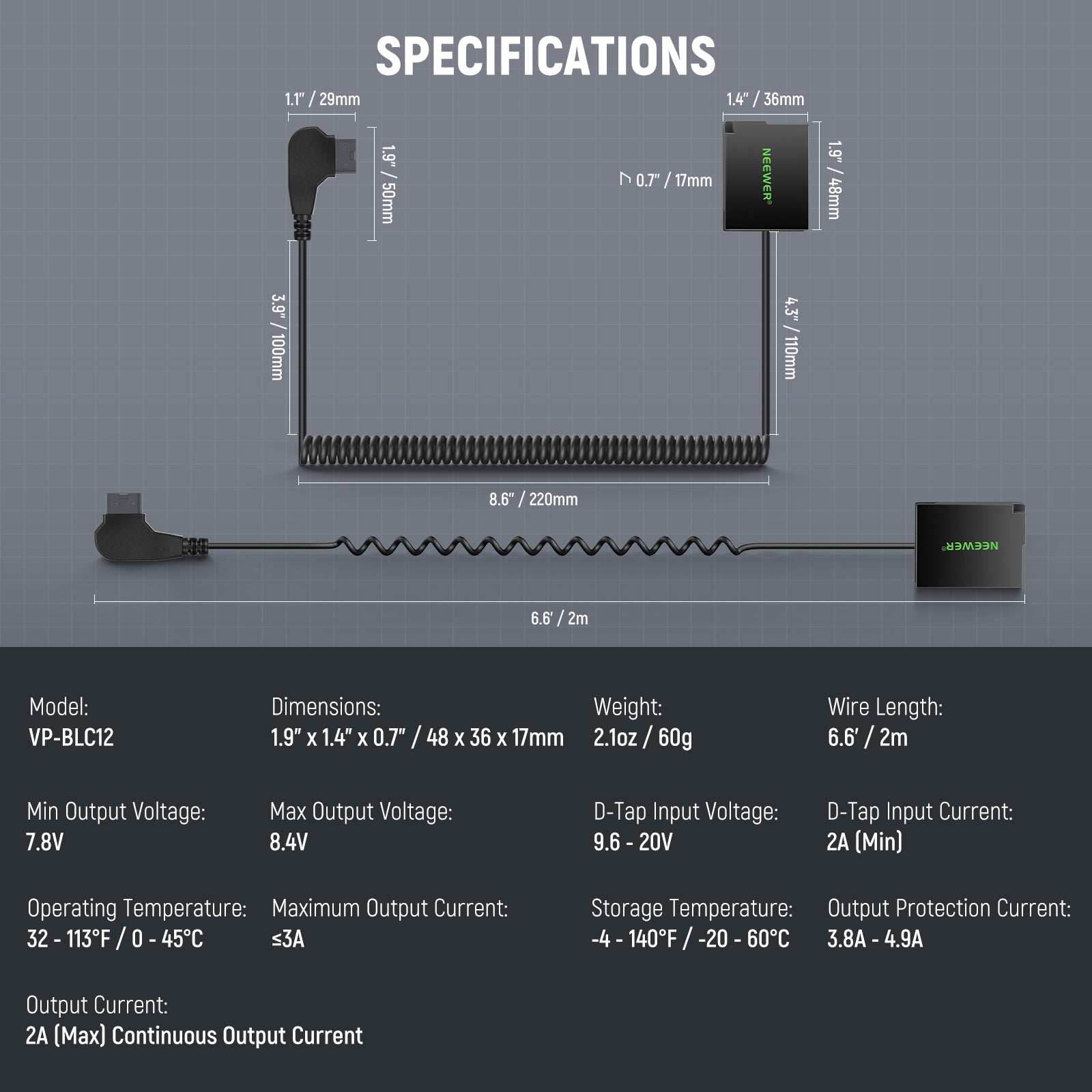 Specifications of the NEEWER VP-BLC12 D Tap to DMW-BLC12 Dummy Battery