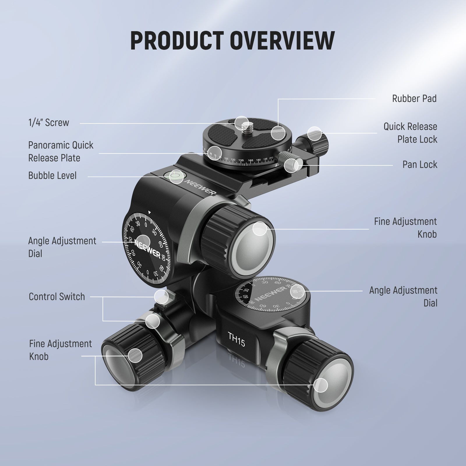 Product overview of the NEEWER TH15 3-Way Geared Tripod Head