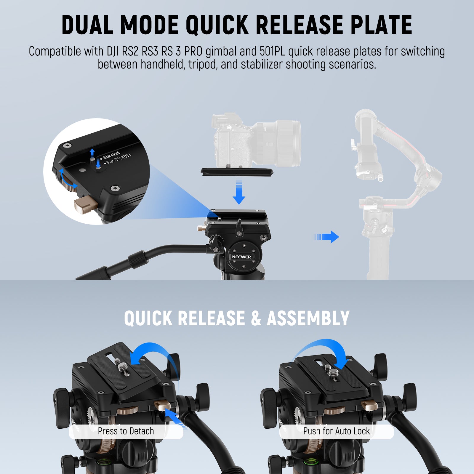 Swiftly switch between this video tripod and handheld stabilizer shooting modes with this gimbal tripod head