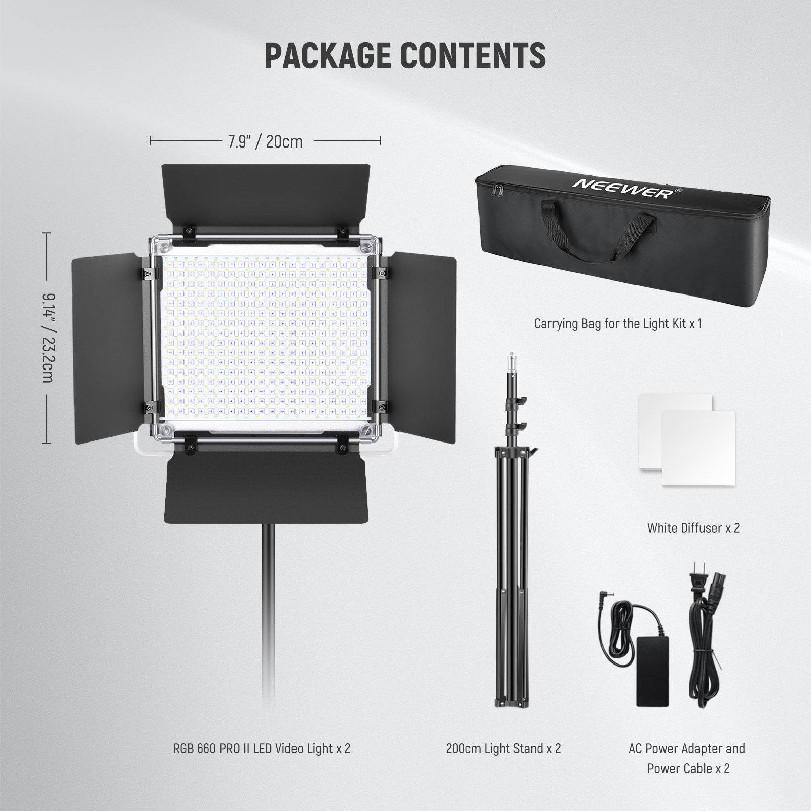 Package Contents of the NEEWER Upgraded RGB660 PRO II RGB LED Light