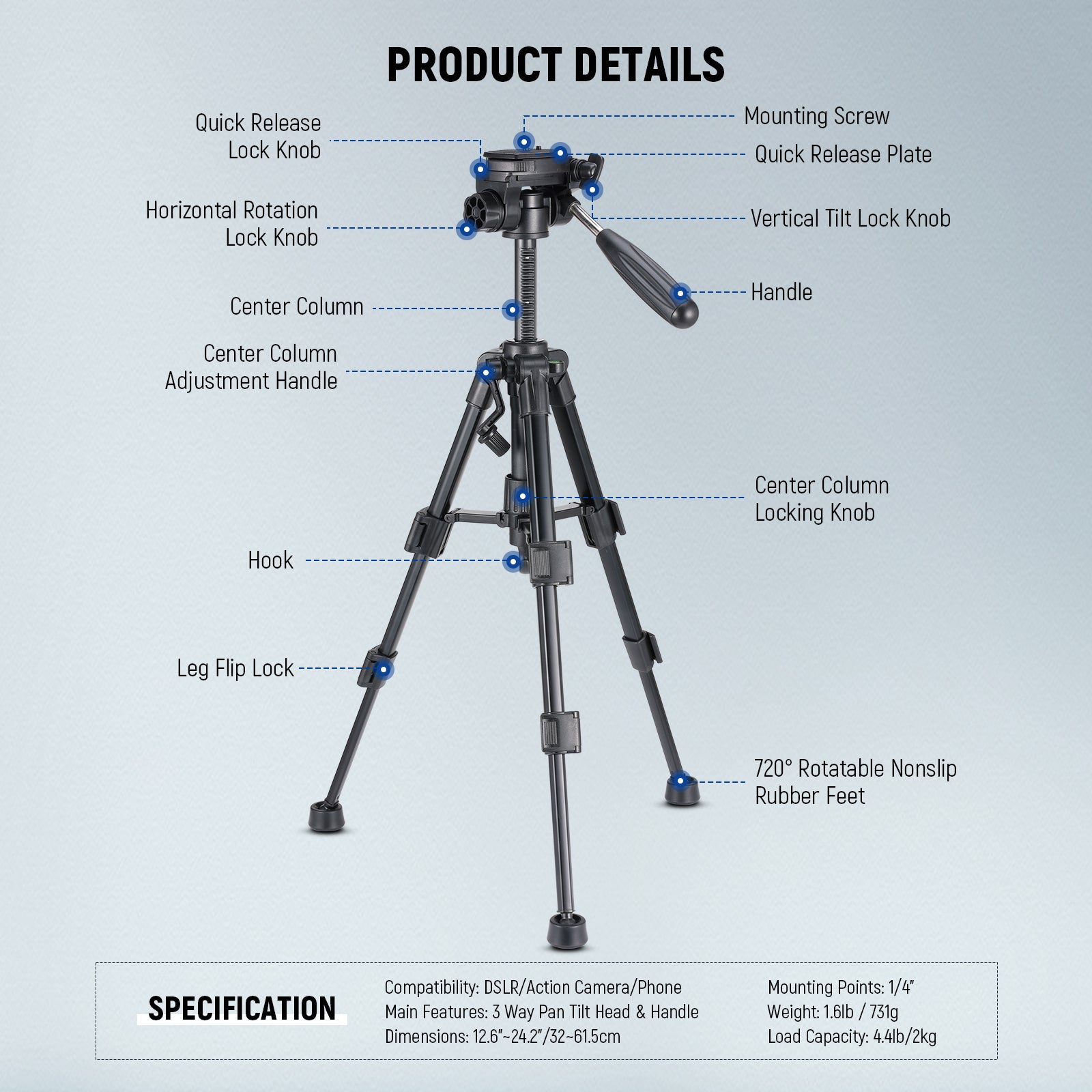 Product detail of the NEEWER BASICS TP02 Desktop Mini Tripod