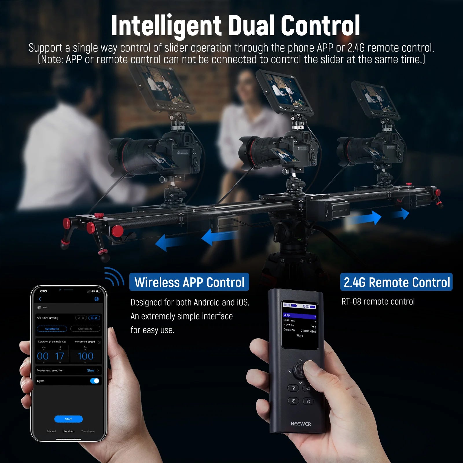 NEEWER ER1 Motorized Camera Slider supports a single way control of slider operation through the APP or 2.4G remote control.