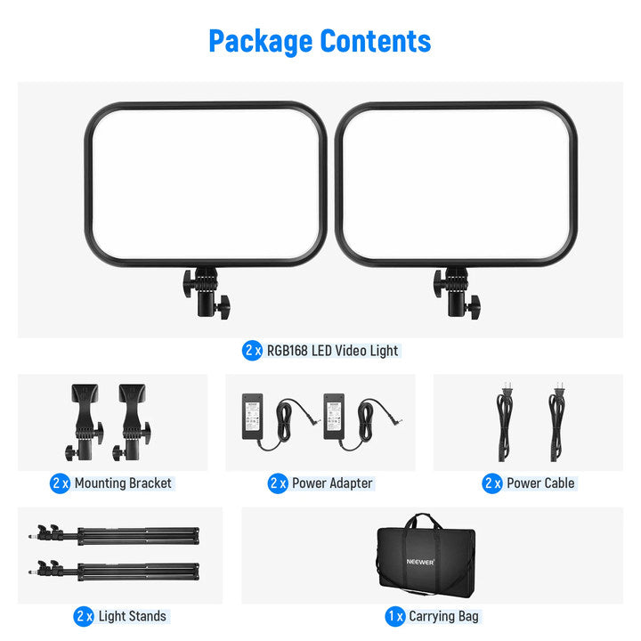 Package Contents of the 2 Pack NEEWER RGB168 LED Panel Light Kit