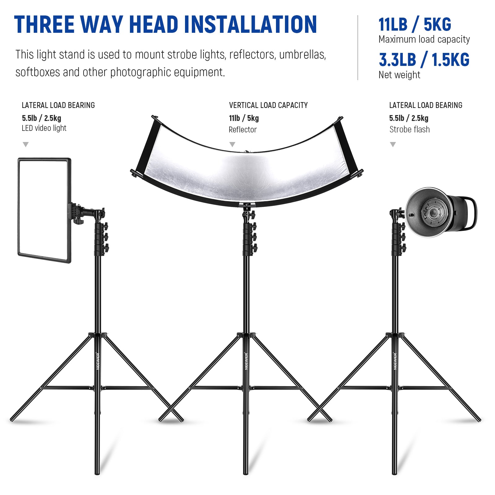 This Air Cushioned Light Stand features a 3-way mounting interface
