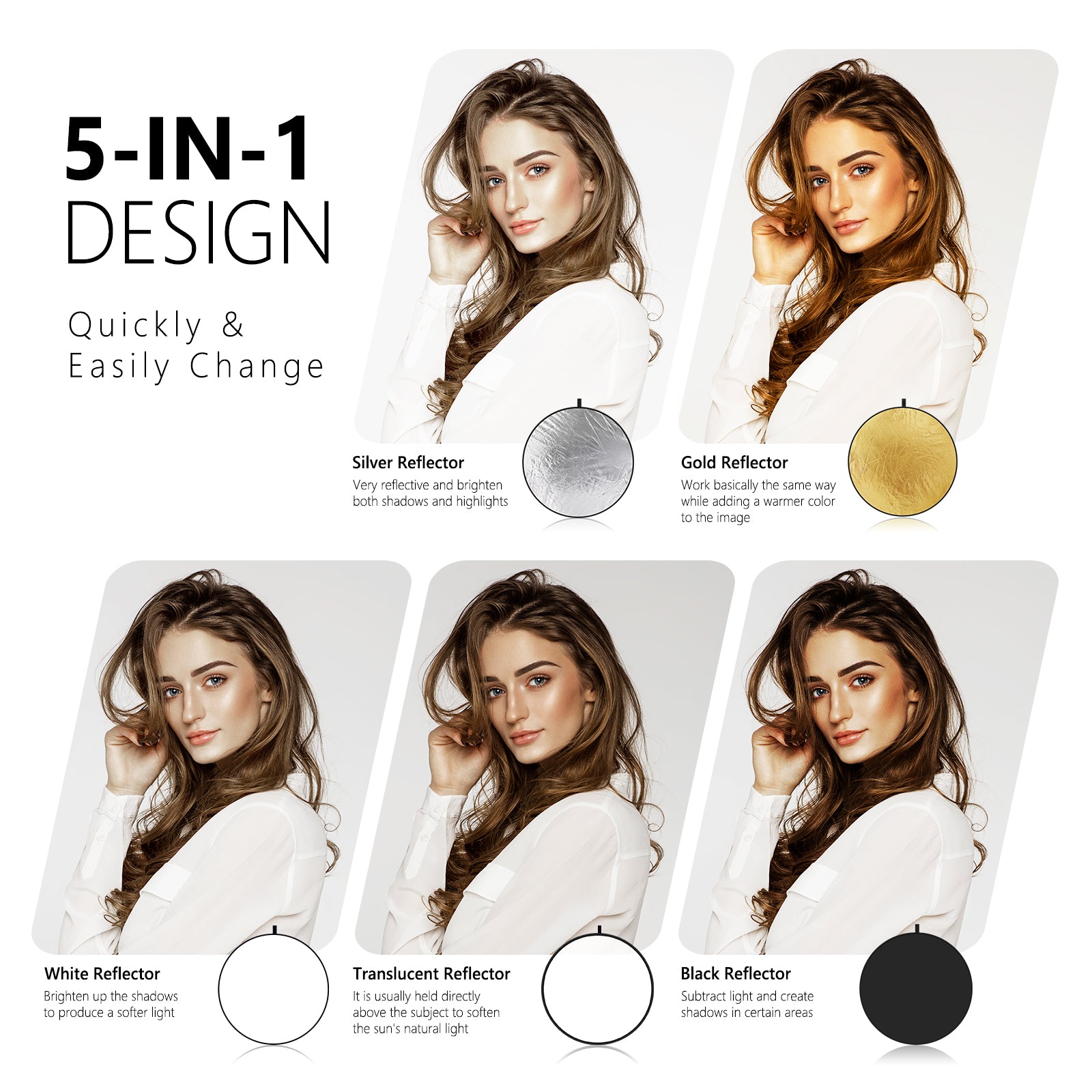 NEEWER 5-in-1 Light Reflector comes with silver, gold, black, white, and translucent reflectors.