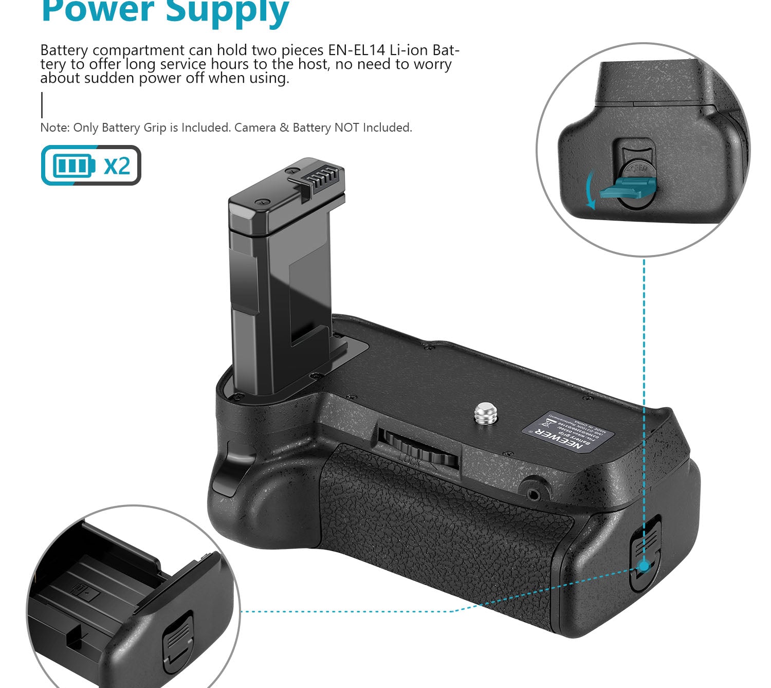 NEEWER BG-2F Battery Grip can hold two EN-EL14 rechargeable battery packs.