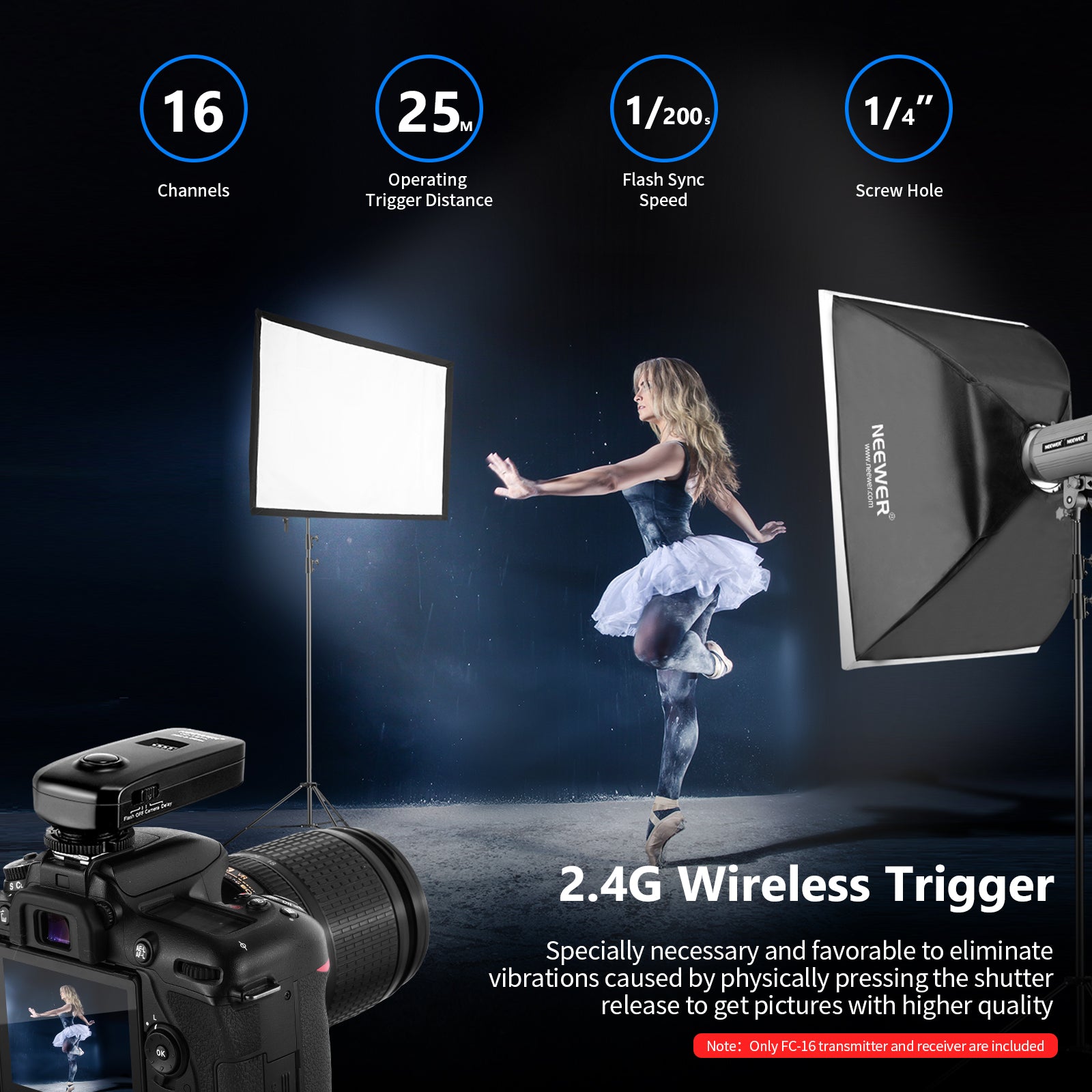 Specifications of the NEEWER FC-16 Wireless Flash Trigger with Remote Shutter for Nikon