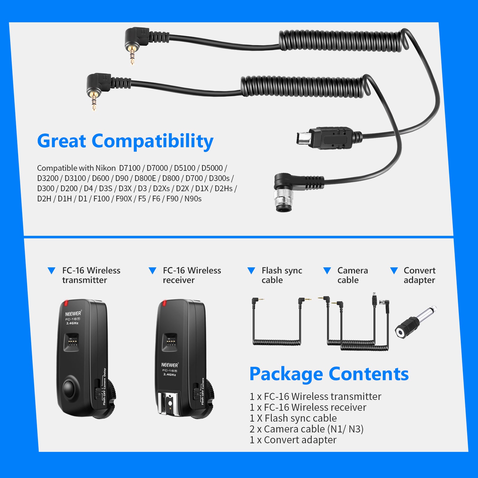 Package Contents of the NEEWER FC-16 Wireless Flash Trigger with Remote Shutter for Nikon