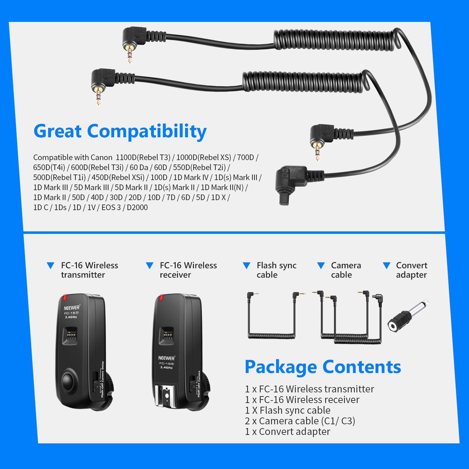 Package Contents of the Neewer FC-16 3-IN-1 2.4GHz Wireless Flash Trigger with Remote Shutter
