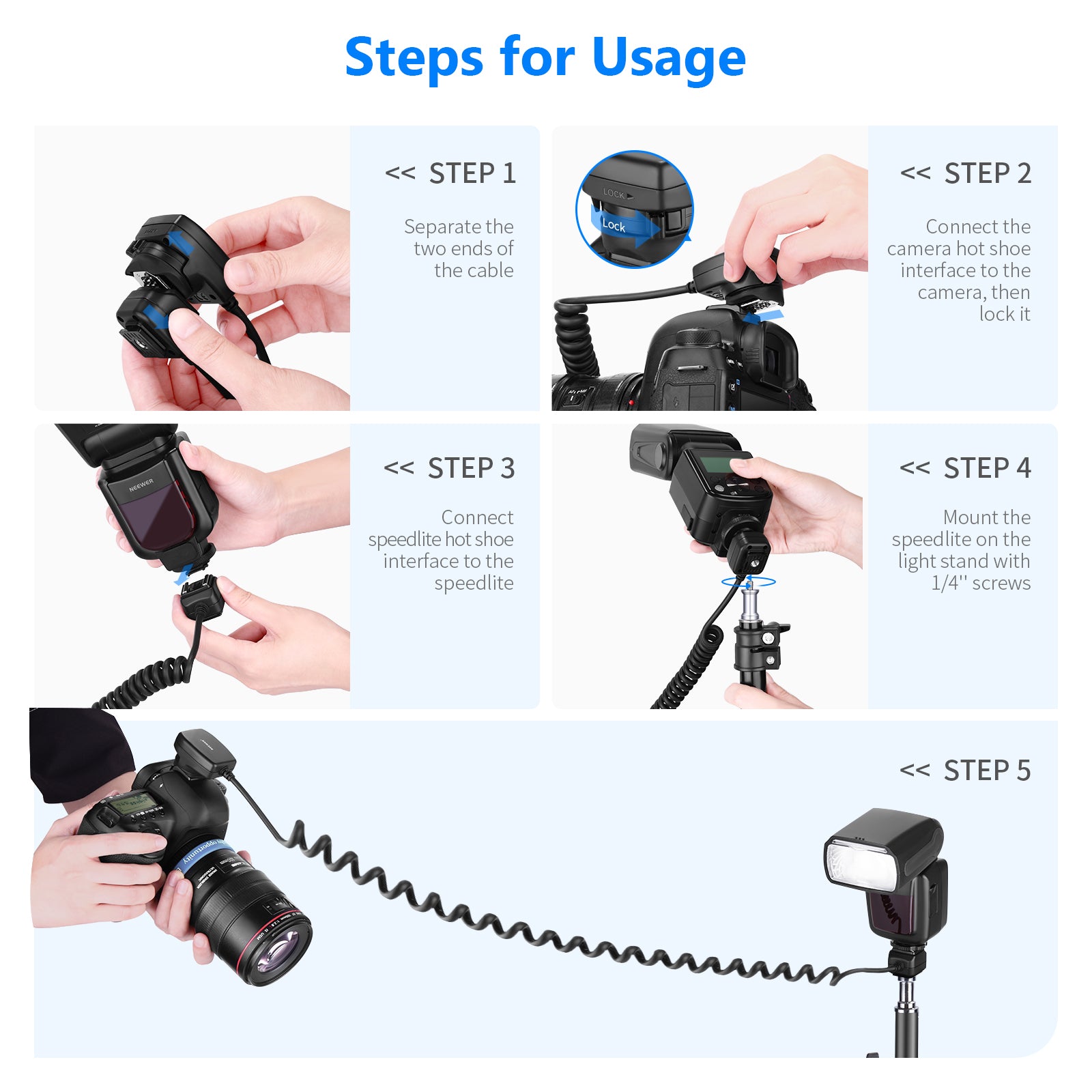 Usage instructions of the NEEWER 1.3m TTL Off Camera Flash Speedlite Cord For Canon
