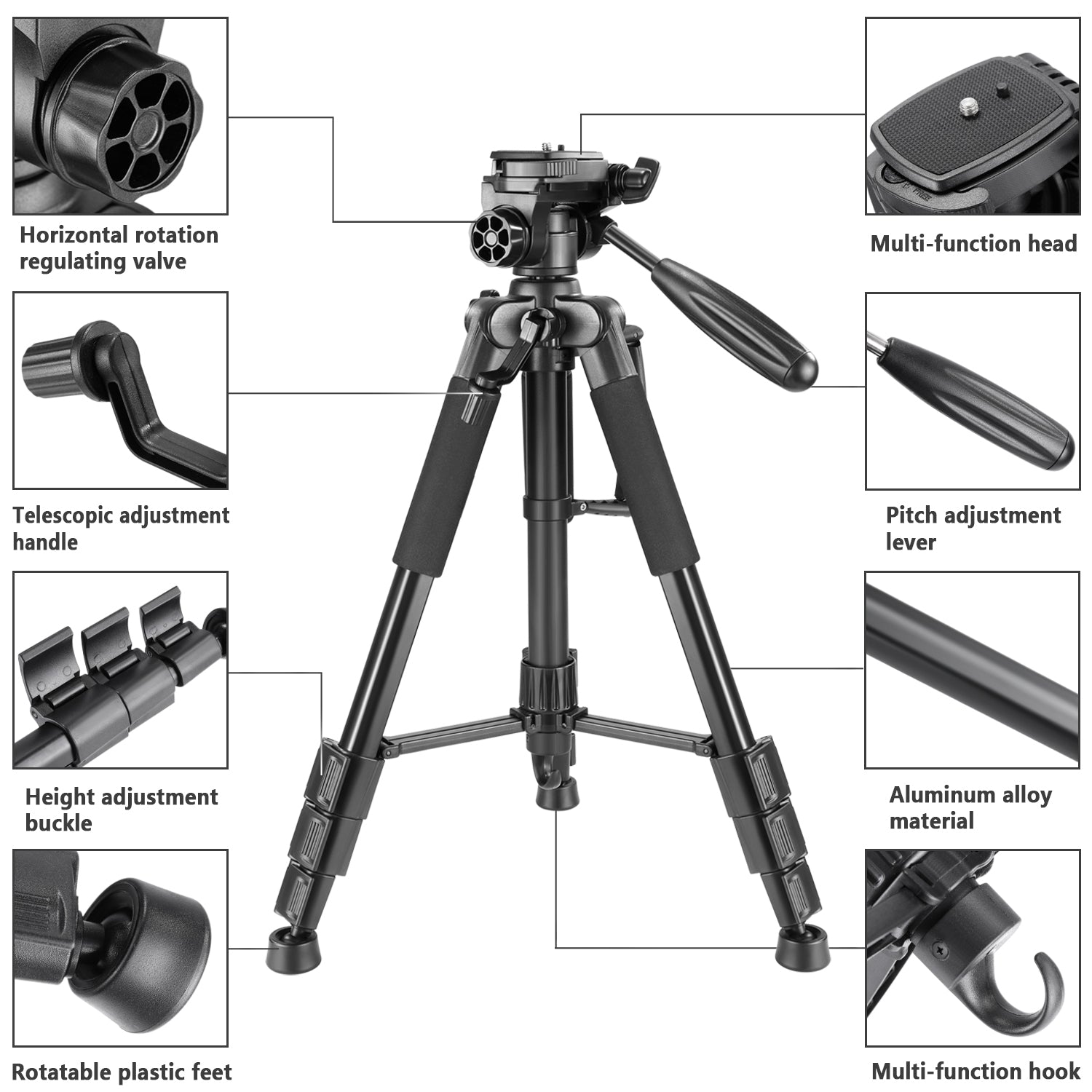 Product details of the NEEWER Aluminum Camera Tripod