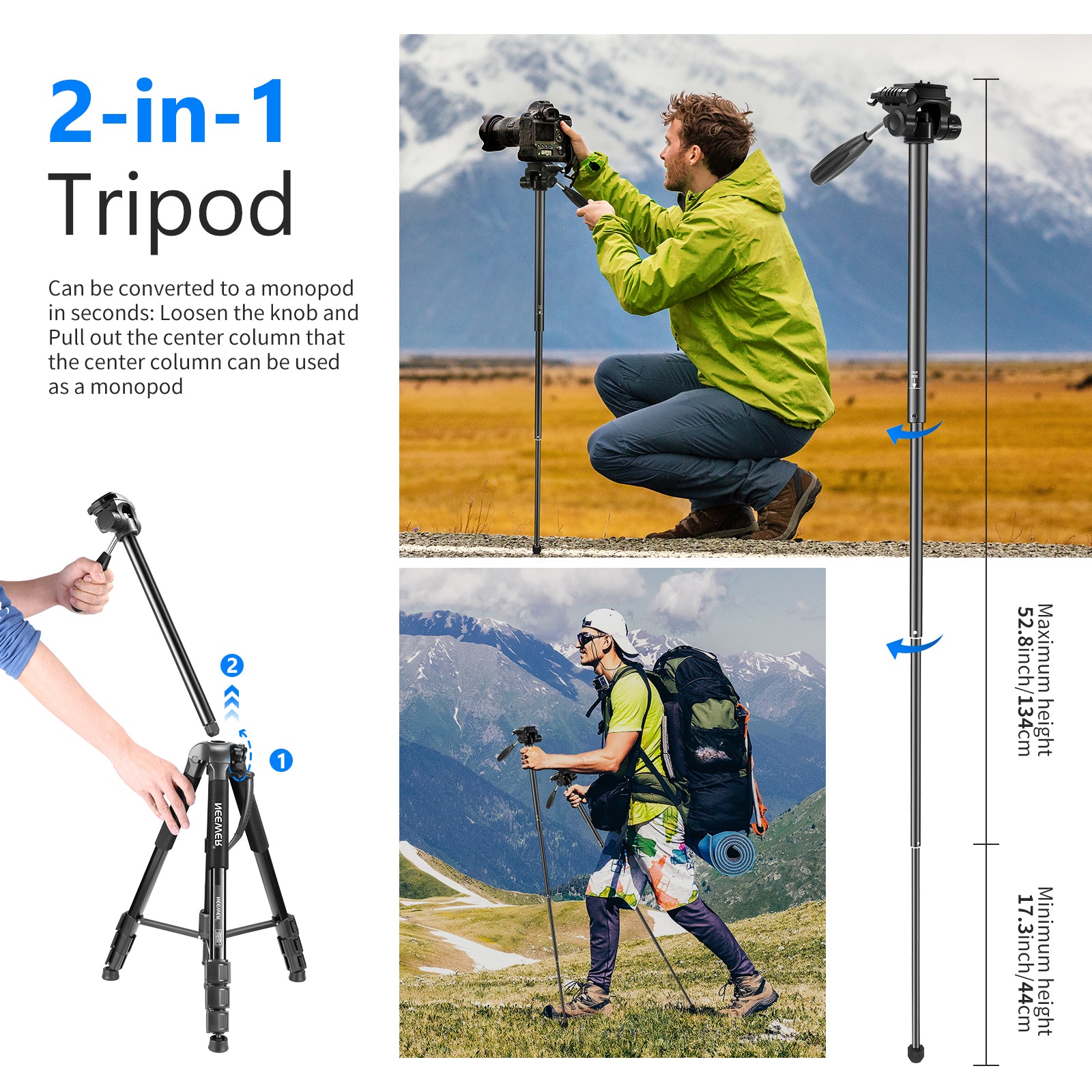 NEEWER SAB264 2 in 1 Camera Tripod can be converted to a monopod in seconds.