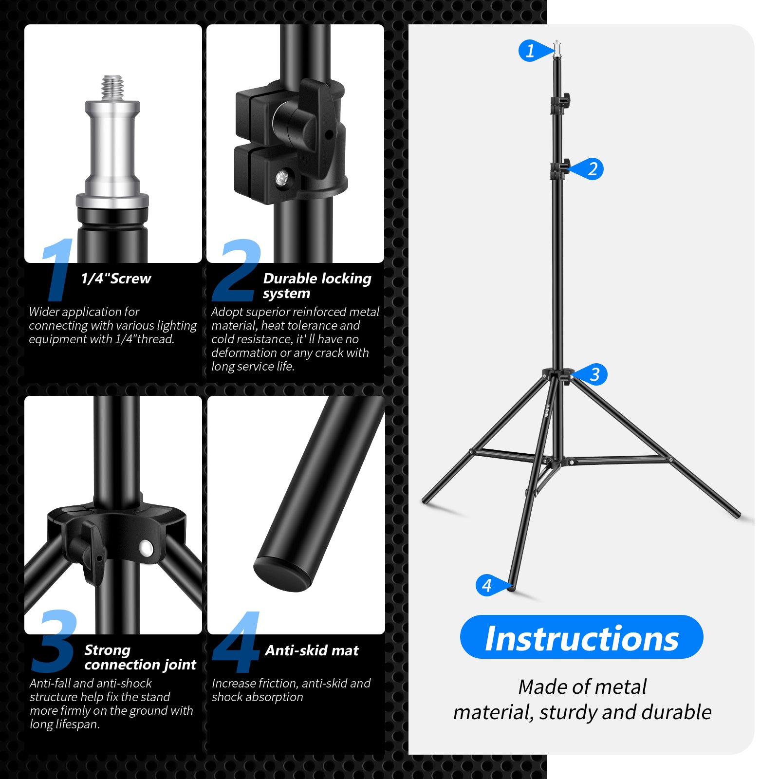 NEEWER ST-200 Lightweight Light Stand is made of sturdy and durable metal material.