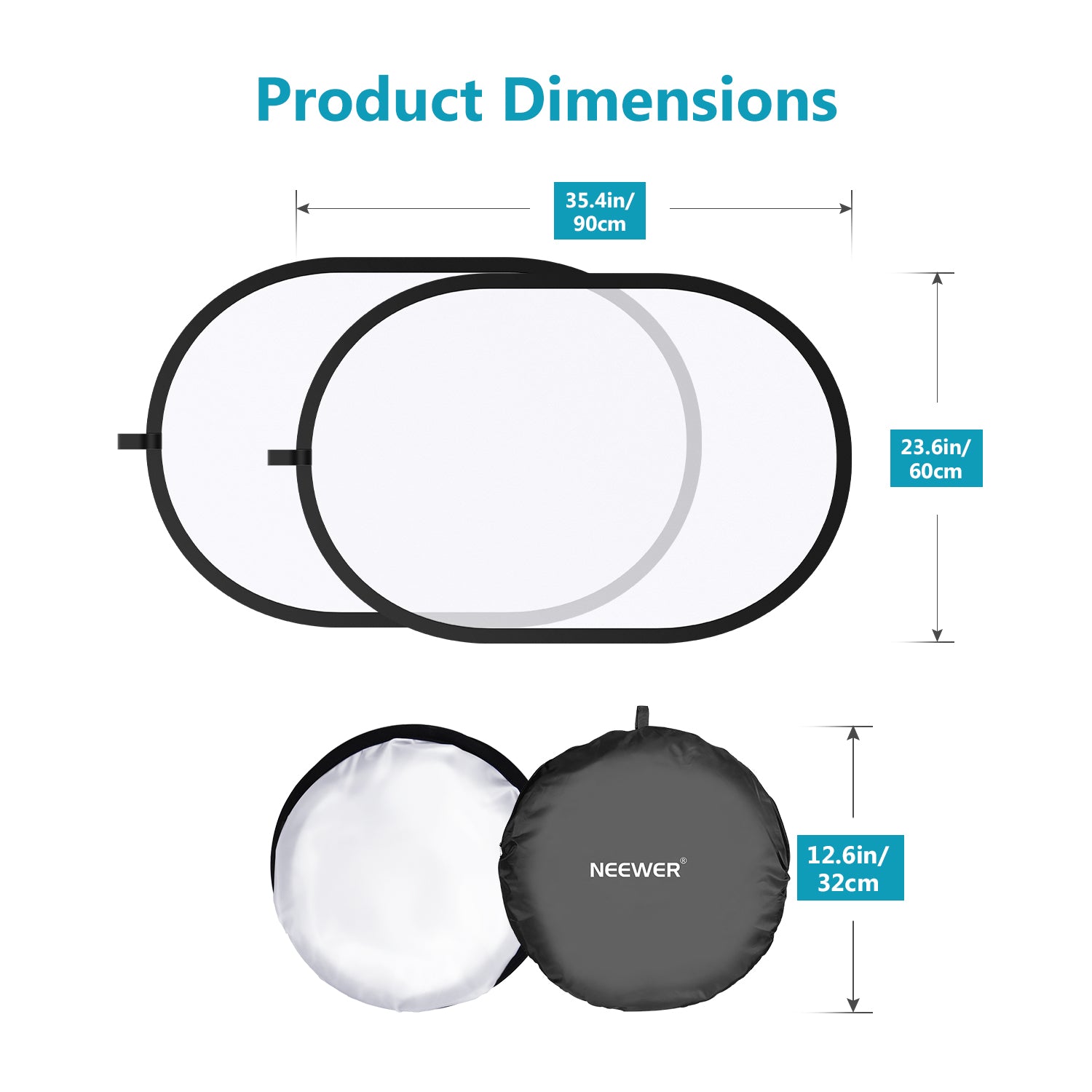 Product dimensions of the NEEWER 60x90cm Pop-out Lighting Reflector