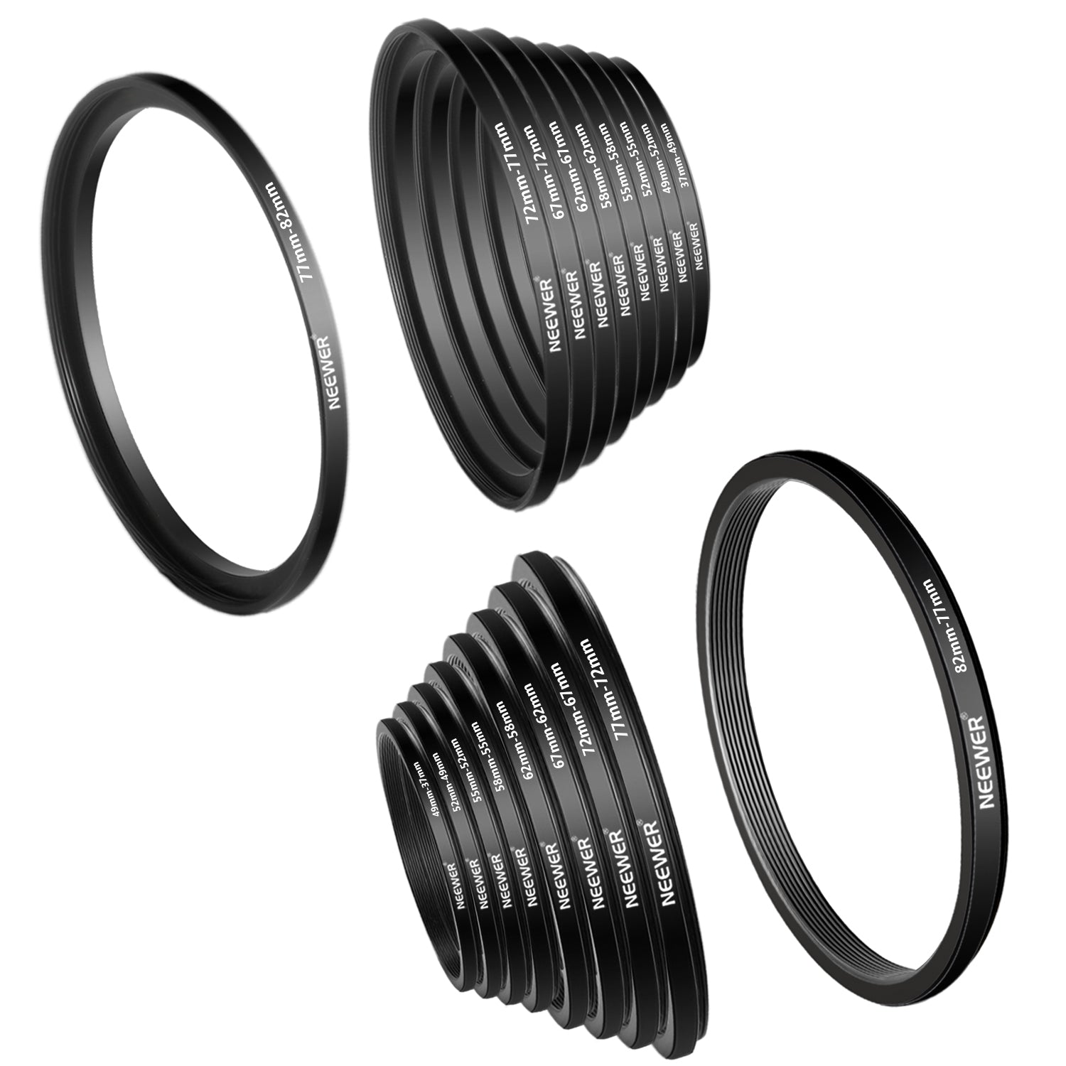 Package Contents of the NEEWER 18pcs Metal Camera Lens Filter Ring Adapter Kit