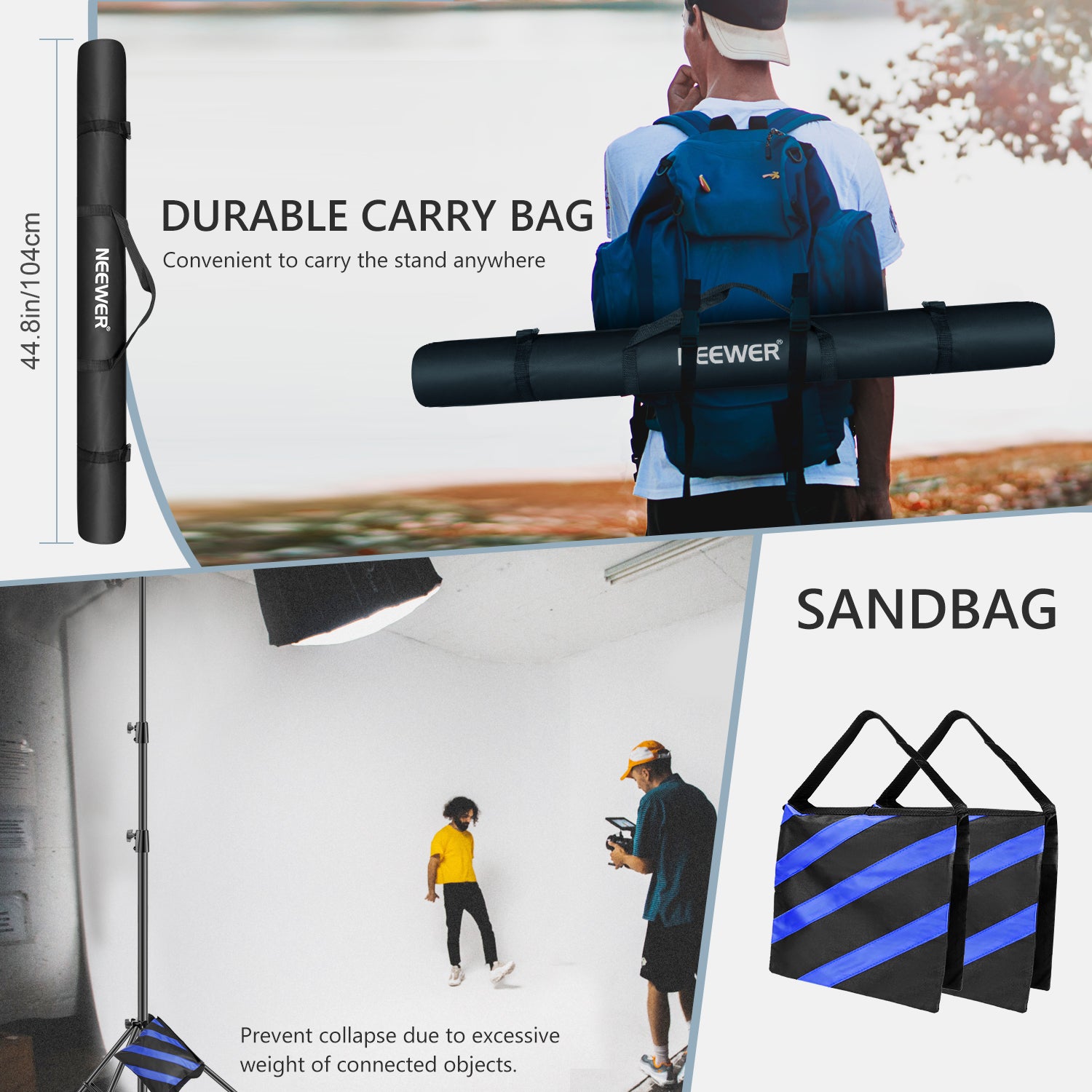 This light stand kit includes two carry bags and two empty sandbags.