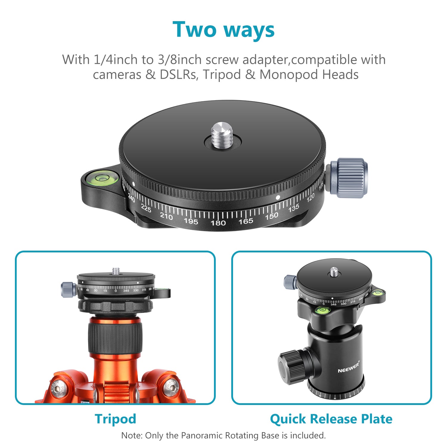 NEEWER Camera Panoramic Panning Base Kit includes a 1/4inch to 3/8inch Screw Adapter