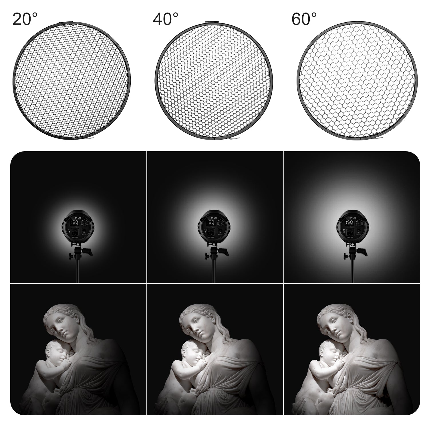 reflector with an optional 20°/40°/60° honeycomb grid