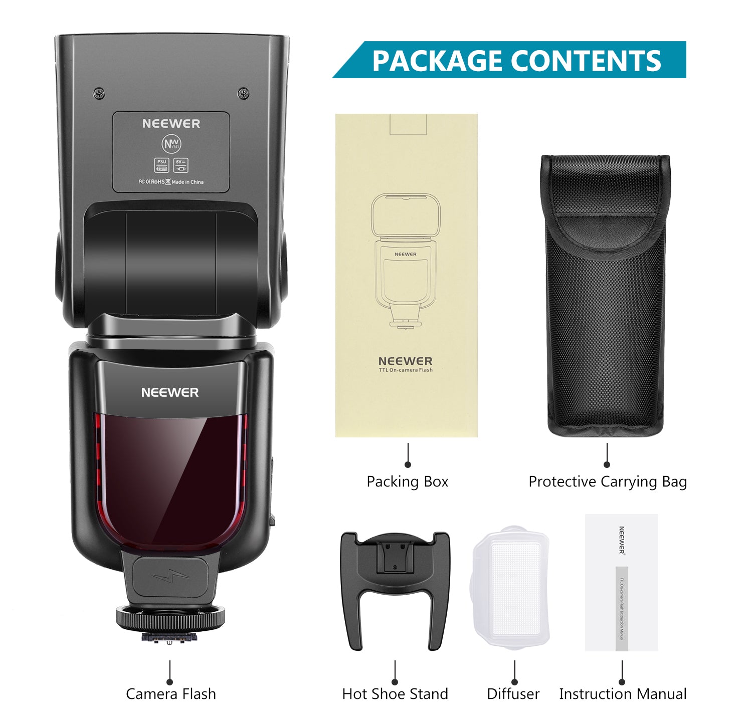 Package Contents of the NEEWER 750II Camera Flash For Nikon DSLR Cameras