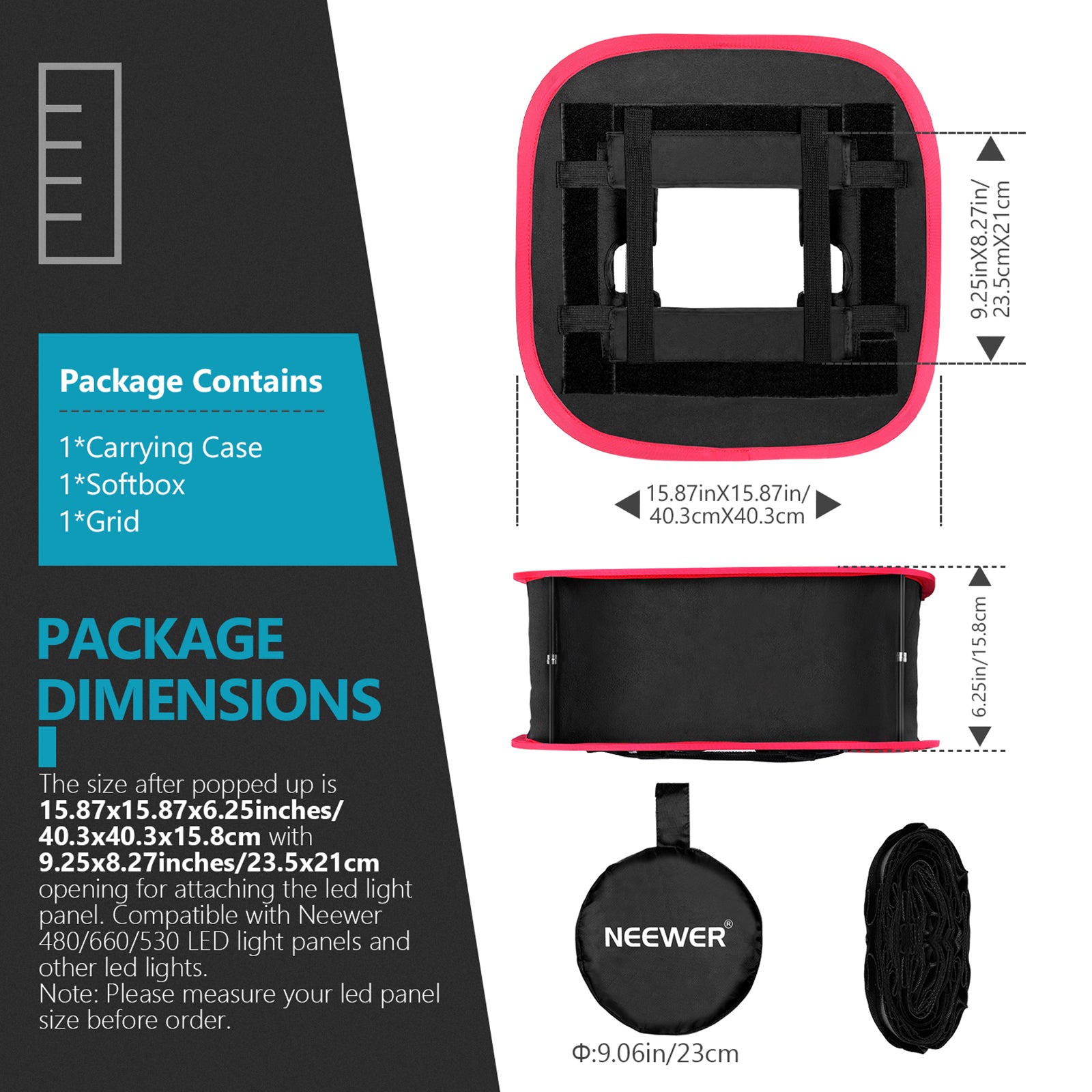 Package Contents of the NEEWER Collapsible Softbox For NEEWER 480/660/530 Panel light