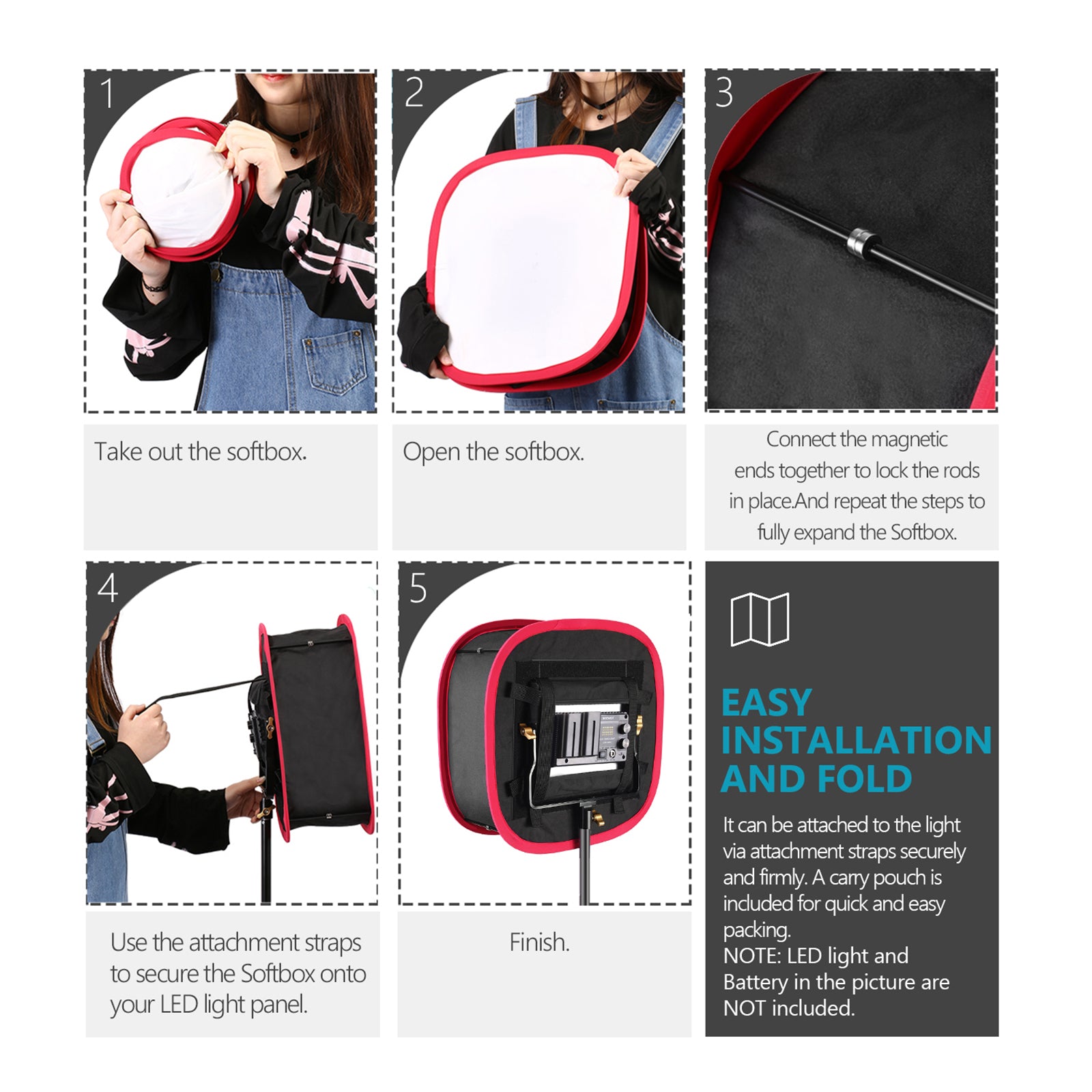 NEEWER Collapsible Softbox For NEEWER 480/660/530 Panel light is easy to install and fold.