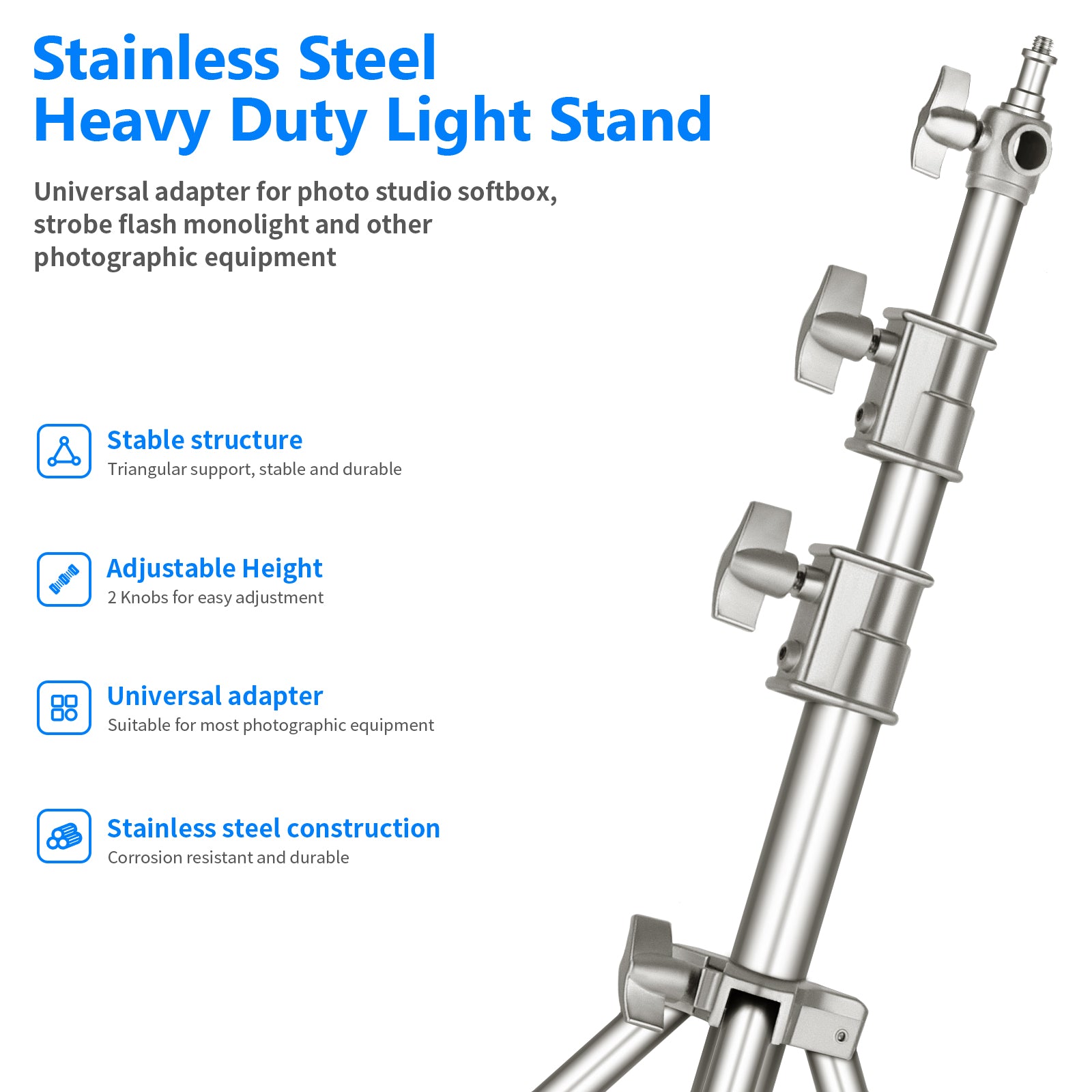 NEEWER ST-300SS Portable Outdoor Light Stand has a universal adapter.